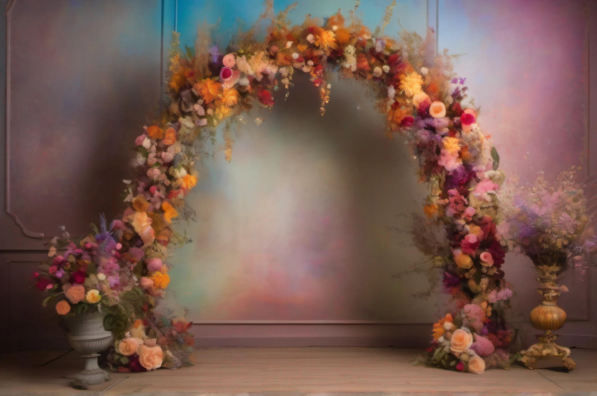 there is a large floral arch with a mirror in the background, botanical rainbow backdrop, stunning arcanum backdrop, made of dried flowers, made of colorful dried flowers, dried flowers, ornate backdrop, baroque style painting backdrop, floral environment, floral painted backdrop, magic doorway, ornate and intricate backdrop, floral couture, still life photo of a backdrop