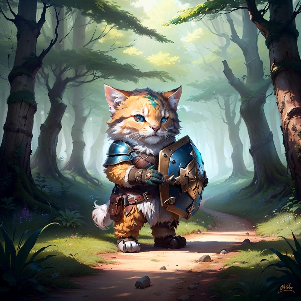 Make a small cuddly metal shield in a forest, com 4 patas, but that stands only with two