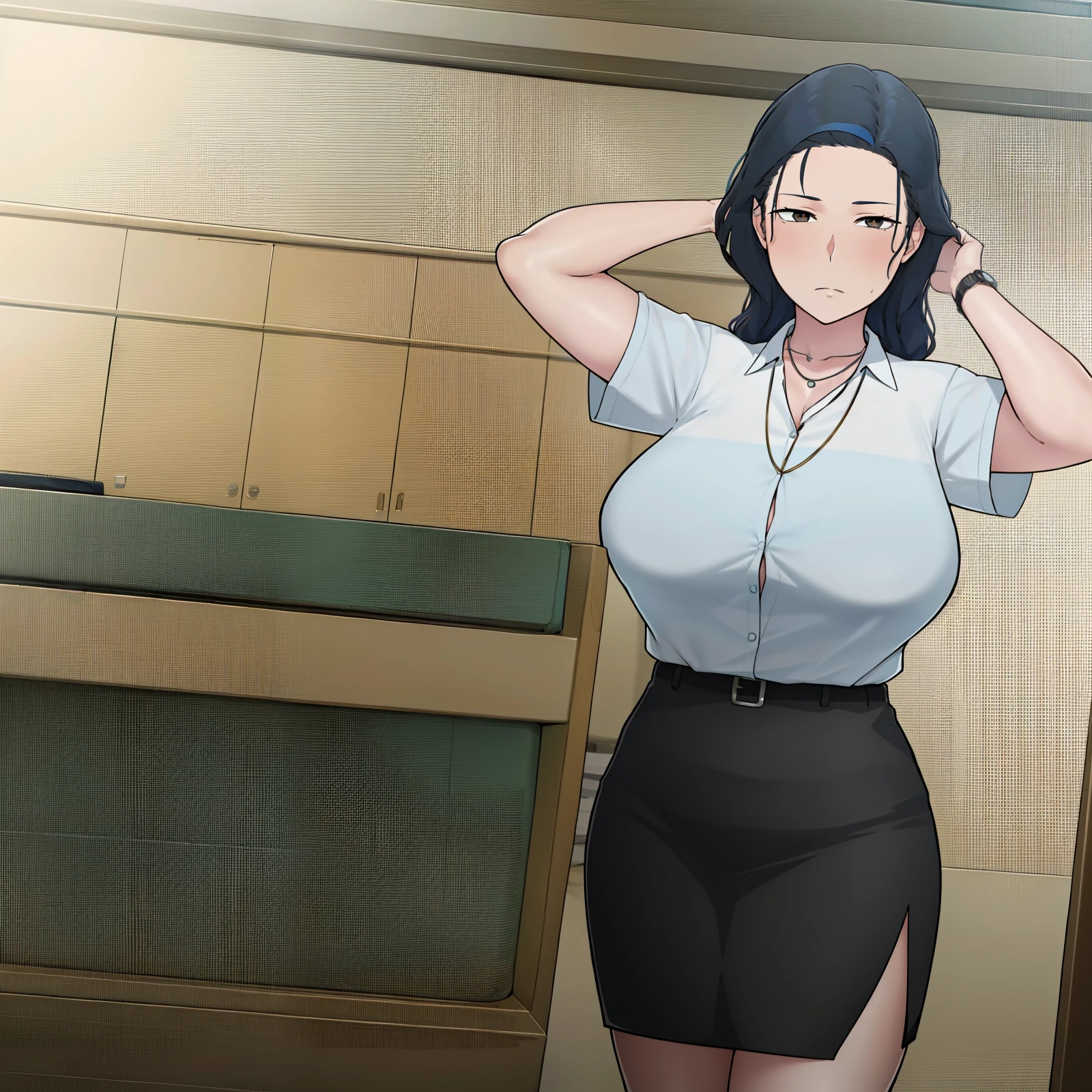 NTRman, masterpiece, best quality, 1girl, alternate costume, arms behind head, arms up, black skirt, blue hair, breasts, brown eyes, buttons, closed mouth, collared shirt, contemporary, cowboy shot, dress shirt, expressionless, hair over shoulder, hairband, high-waist skirt, large breasts, long hair, looking at viewer, necklace, office lady, pencil skirt, plant, potted plant, shirt, shirt tucked in, skindentation, skirt, solo, thigh strap, thighs, watch, white shirt, wristwatch