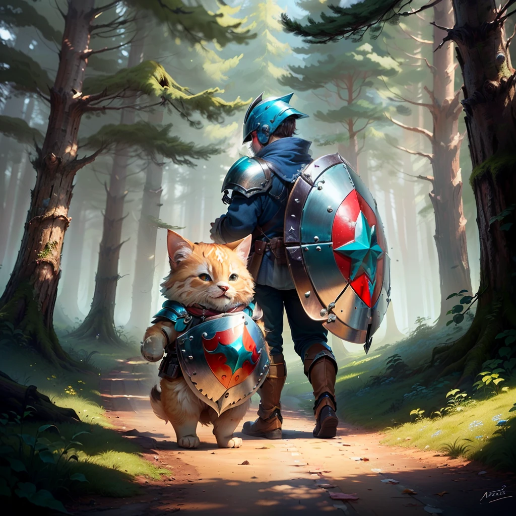 Make a small cuddly metal shield in a forest, com 4 patas, but that stands only with two