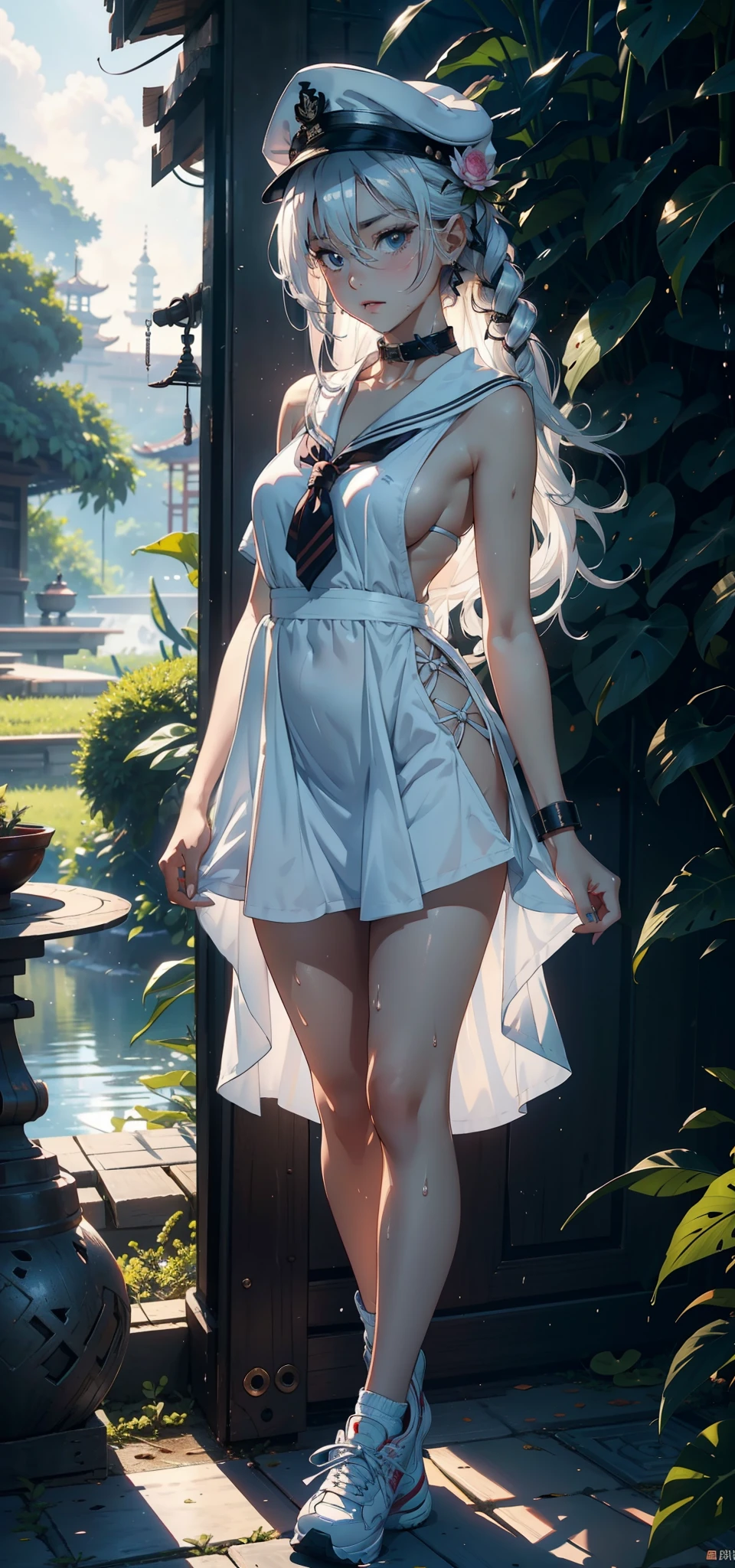 1female，3 ，bit girl，Small loli，smallunderboob，Pornographic exposure， 独奏，（Background with：bamboo forrest，lotuses，lotus flower，exteriors，Lotus pond） She has short silver-white hair，standing on your feet，Sweat profusely，drenched all over the body，seen from the front， hair straight， mostly cloudy sky，（（（tmasterpiece），（Very detailed CG unity 8K wallpaper），best qualtiy，cinmatic lighting，detailed back ground，beatiful detailed eyes，Bright pupils，Black eyes，（Very fine and beautiful），（Beautiful and detailed eye description），ultra - detailed，tmasterpiece，）），facing at camera，A high resolution，ultra - detailed），revealing breasts，Bare genitalia，  Bulge，legs are open，Raised sexy，Camel toes，Flushed complexion，Open-mouthed，frontage，high school senior，Sailor's cap（Wear a sexy loli dress，Sailor uniform，Slave girl collar，，athletic sneakers）Full body photo，Show shoes