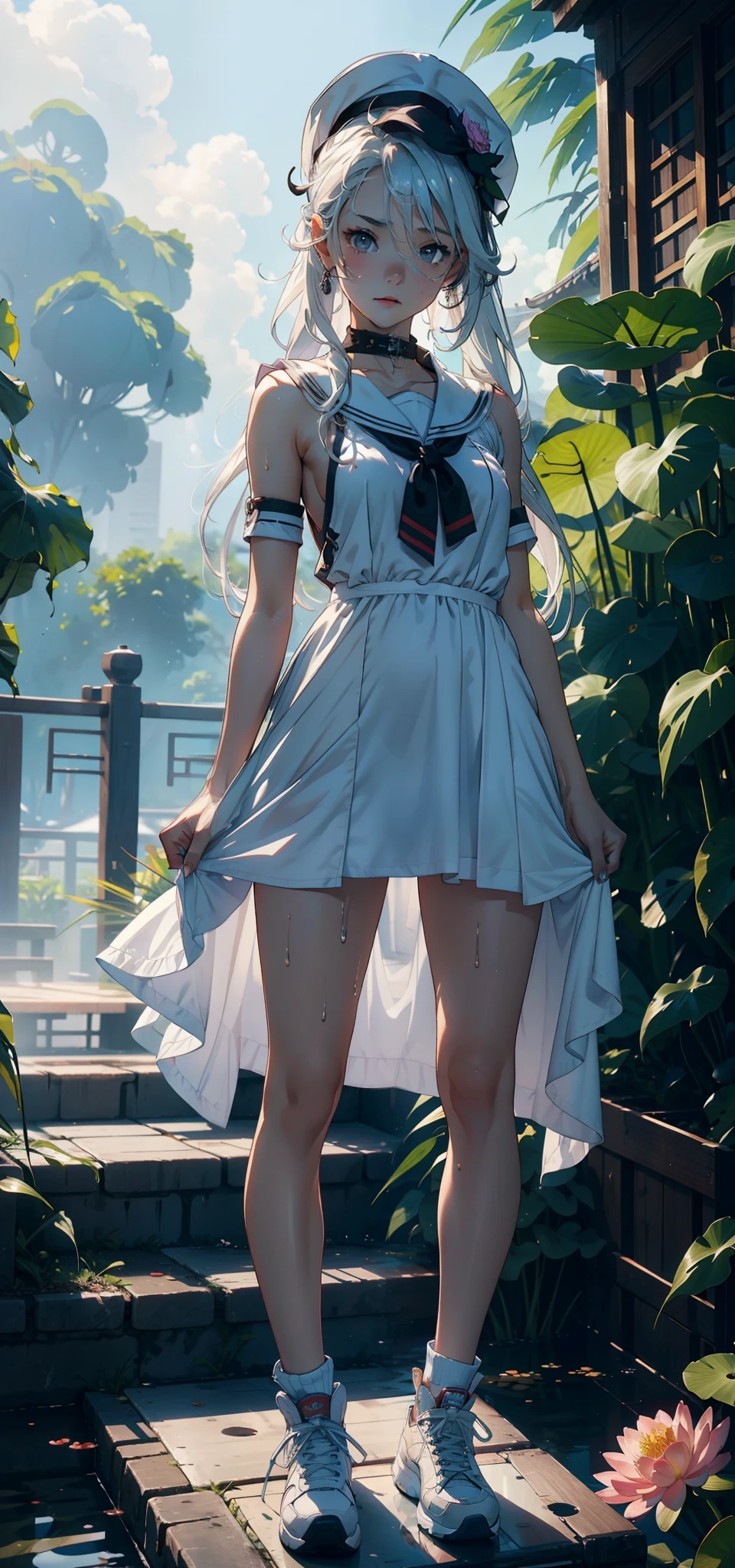 1female,3 years old,bit girl,Small loli,smallunderboob,Pornographic exposure, 独奏,(Background with:bamboo forrest,lotuses,lotus flower,exteriors,Lotus pond) She has short silver-white hair,standing on your feet,Sweat profusely,drenched all over the body,seen from the front, hair straight, mostly cloudy sky,(((tmasterpiece),(Very detailed CG unity 8K wallpaper),best qualtiy,cinmatic lighting,detailed back ground,beatiful detailed eyes,Bright pupils,Black eyes,(Very fine and beautiful),(Beautiful and detailed eye description),ultra - detailed,tmasterpiece,)),facing at camera,A high resolution,ultra - detailed),revealing breasts,Bare genitalia, Bulge,legs are open,Raised sexy,Camel toes,Flushed complexion,Open-mouthed,frontage,high school senior,Sailor's cap(Wearing a loli dress,Sailor uniform,Slave girl collar,Sexy denim shorts,athletic sneakers)Full body photo,Show shoes