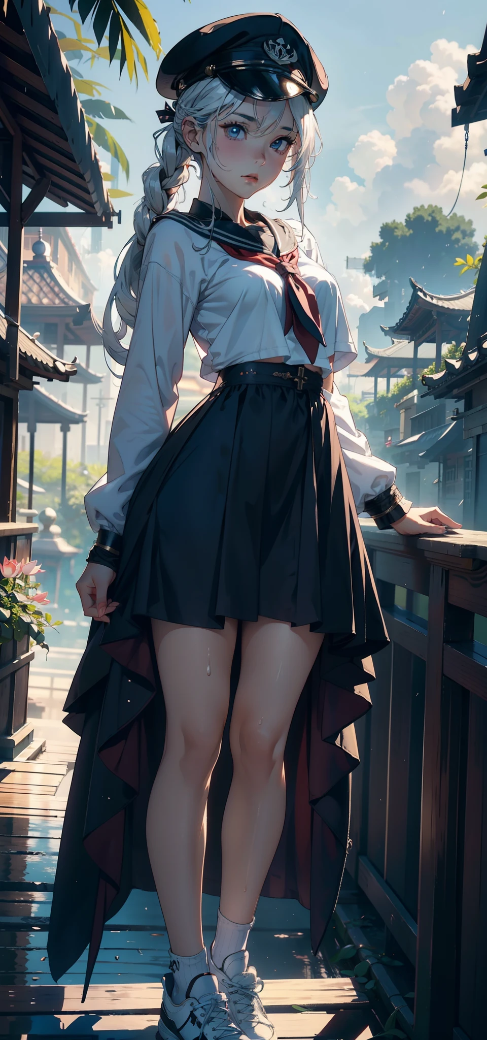 1female,3 years old,bit girl,Small loli,smallunderboob,Pornographic exposure, 独奏,(Background with:bamboo forrest,lotuses,lotus flower,exteriors,Lotus pond) She has short silver-white hair,standing on your feet,Sweat profusely,drenched all over the body,seen from the front, hair straight, mostly cloudy sky,(((tmasterpiece),(Very detailed CG unity 8K wallpaper),best qualtiy,cinmatic lighting,detailed back ground,beatiful detailed eyes,Bright pupils,Black eyes,(Very fine and beautiful),(Beautiful and detailed eye description),ultra - detailed,tmasterpiece,)),facing at camera,A high resolution,ultra - detailed),revealing breasts,Bare genitalia, Bulge,legs are open,Raised sexy,Camel toes,Flushed complexion,Open-mouthed,frontage,high school senior,Sailor's cap(Wear a sexy loli dress,Sailor uniform,Slave girl collar,,athletic sneakers)Full body photo,Show shoes