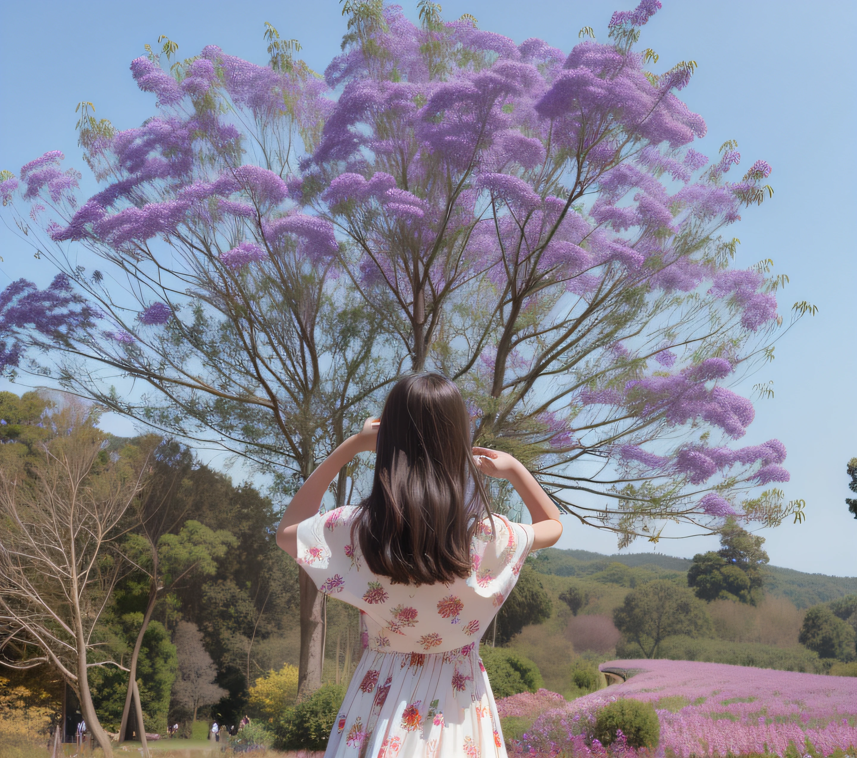 araffe woman standing in front of a tree with purple flowers, standing in a botanical garden, purple flower trees, girl in flowers, standing in flower field, woman standing in flower field, girl standing in a flower field, woman in flowers, amidst nature, standing in a flower field, beautiful views, wearing a long flowery dress, with a tree in the background