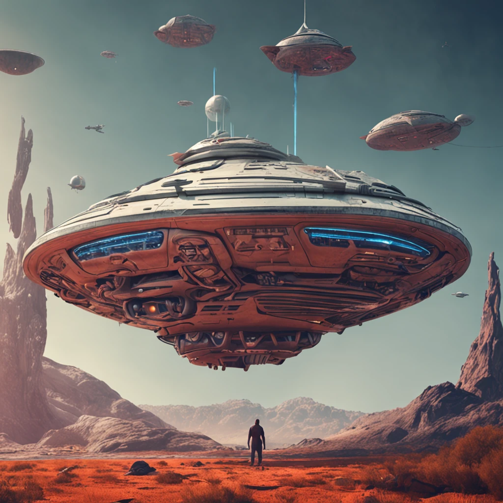 an alien on the "grey" style close to a spaceship