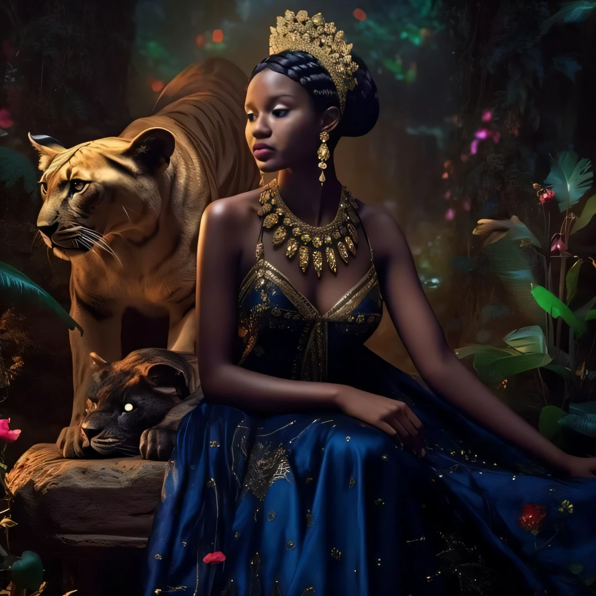 Araffes uma mulher em um vestido azul e um tigre, Princesa africana deslumbrante, Princesa Africana, Princesa negra africana, Rainha africana, pele escura deusa feminina do amor, mulher linda, Um retrato impressionante de uma deusa, ((uma bela imperatriz fantasia)), uma bela imperatriz fantasia, rainha bonita, Rainha da Selva, gorgeous goddess of leo, beleza tradicional, mulher deslumbrante