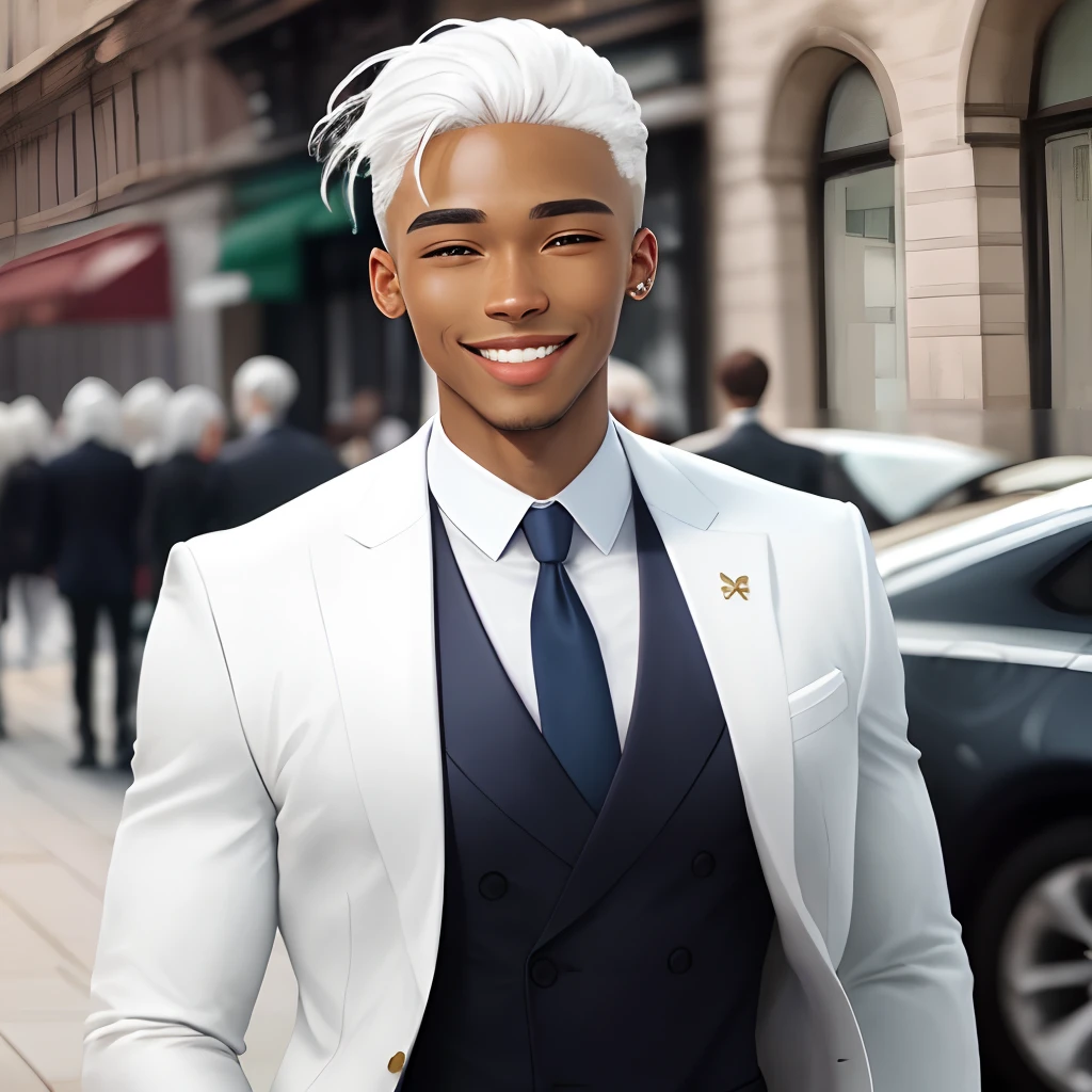 White suit, brown skin, white hair, smile