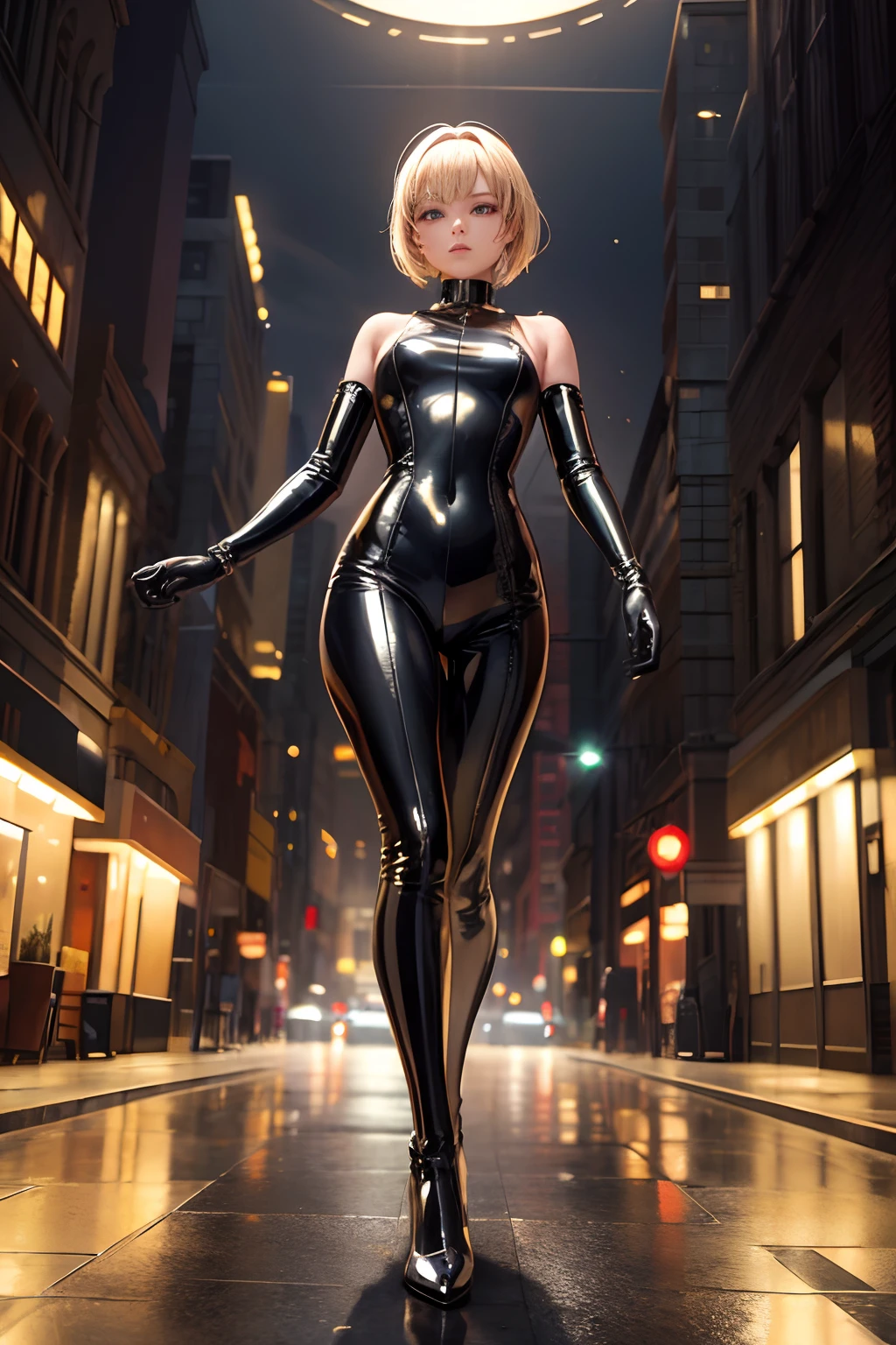 (((Best quality))), (((Masterpiece))), Solo, ultra fine photos, full body picture Unreal Engine 5 8K UHD, Beautiful girl, Face detailed, Wear a skinny metal latex one-piece suit,Decorated with gold lace, Latex collar, latex glove, Latex garters, Arm and leg cuffs, Unified 8k wallpaper, ultra - detailed, Sharp focus, Walk in a futuristic city.