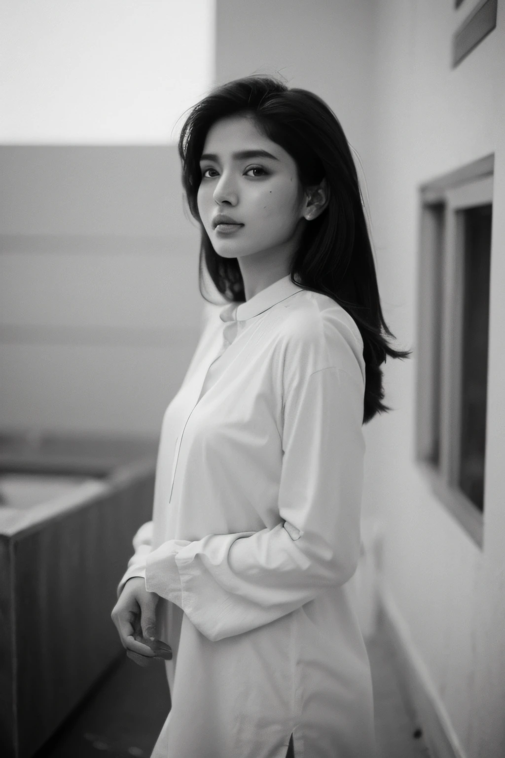 Photo of a Beautiful pakistani model Woman,age 23-26, Summer, loose fit, film grain, Ilford HP5, 80mm