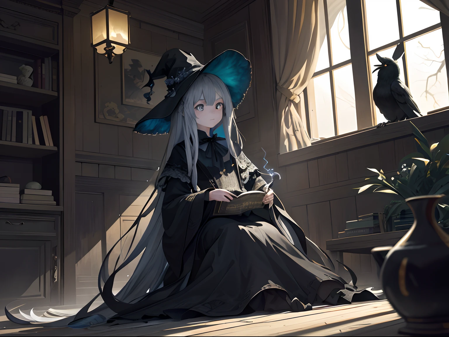 In a dark and mysterious room，An old witch sat quietly in a cadillau chair。The wood of the chair is yellow，leaning backward，As if mocking those who challenge it。The light is thin through the faded curtains，Barely illuminates a corner of the room。
The old witch is wrinkled，Vicissitudes and old age，The eyes are clear but deep，Exudes mysterious powers。She hugged a Soniste crow，The crow's feathers are gloomy in color，Sharp eyes and wisdom。
The walls of the room are covered with charms and ancient magic items，It emits faint fluorescence。Smoke filled it，It's like a mysterious magic。On the shelves are ancient books and strange herbs，Witness the wisdom of the old witch。
In this mysterious background，The old witch is one with time and space。She is lonely and eager to explore，There is endless wisdom flashing in his eyes。
The old witch and the Sonest crow are immersed in a mysterious atmosphere，Constantly explore uncharted territory。Their existence seems to be a puzzle，Wait to unravel。
 reflection light, Surrealism, ray tracing,  dutch angle,f/16,8k,