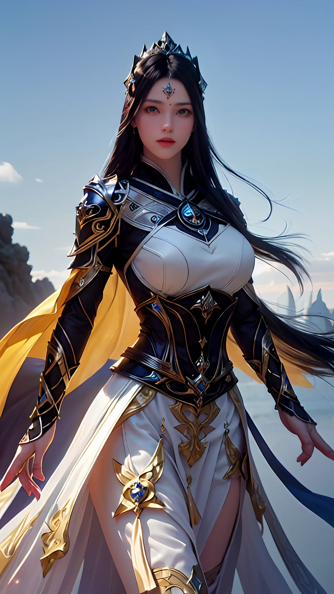 1girl, depth of field, official art, unity 8k wallpaper, ultra detailed, illustration, beautiful and aesthetic, masterpiece, best quality, knight, (big breasts), (milf, mature female), (black armor, armor, breastplate), beautiful face, (long hair, black hair,  very straight hair:1.4, hime cut:1.4), blue eyes, cowboy shot, glowing skin, back lighting, athletic figure, muscular female, curvy, wide hips, colorful, looking at viewer, Hyperrealistic, gradient background, dark background, outline, fantasy, from the front, watercolor, traditional media, (chromatic aberration, intricate details)