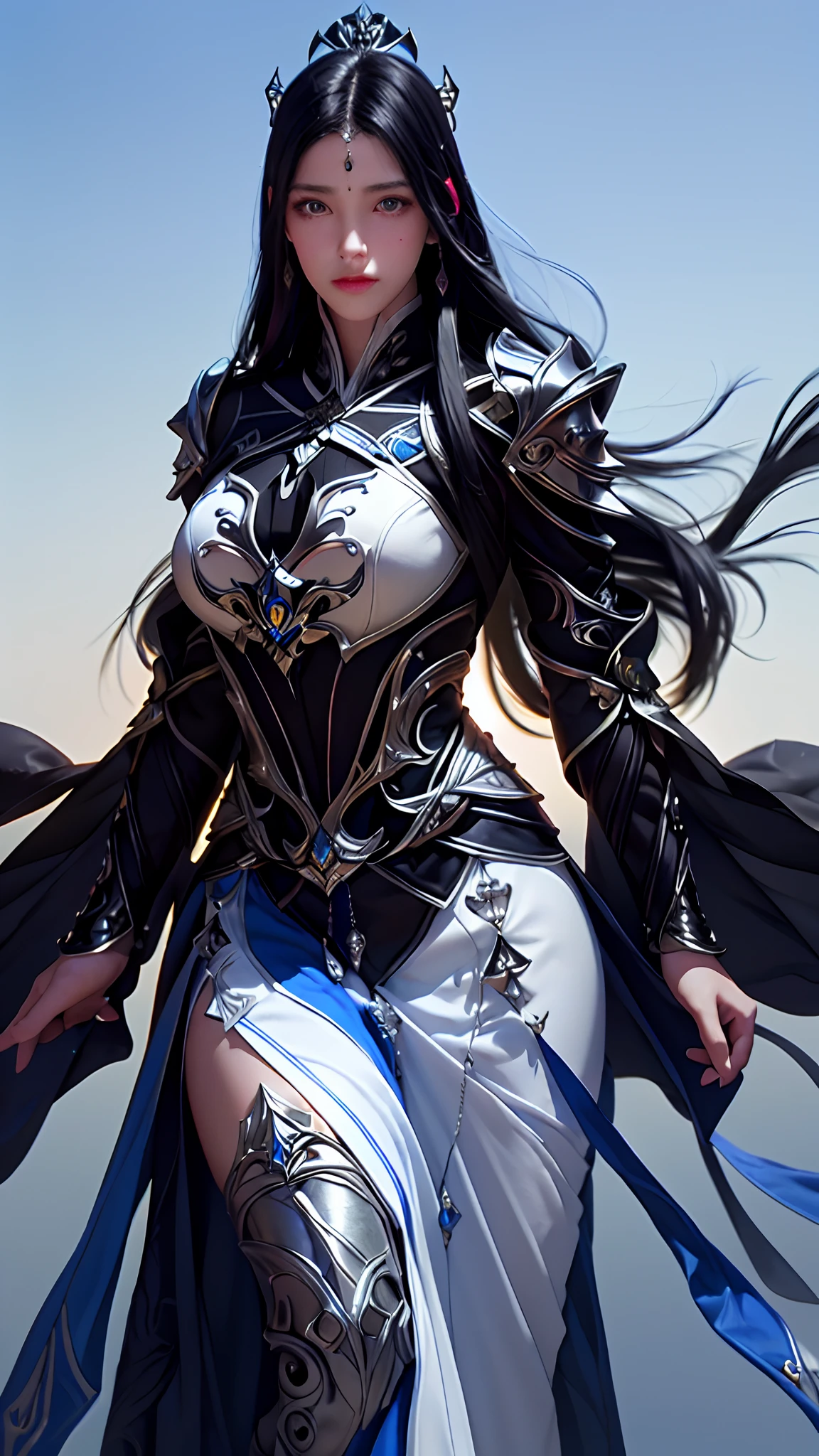 1girl, depth of field, official art, unity 8k wallpaper, ultra detailed, illustration, beautiful and aesthetic, masterpiece, best quality, knight, (big breasts), (milf, mature female), (black armor, armor, breastplate), beautiful face, (long hair, black hair,  very straight hair:1.4, hime cut:1.4), blue eyes, cowboy shot, glowing skin, back lighting, athletic figure, muscular female, curvy, wide hips, colorful, looking at viewer, Hyperrealistic, gradient background, dark background, outline, fantasy, from the front, watercolor, traditional media, (chromatic aberration, intricate details)