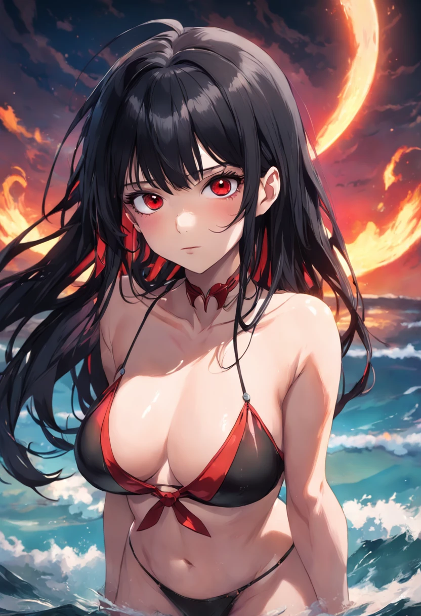 tamaki \(fire force\), 1girl in, Bangs, Black hair, Colored tips, close up, Yellow eyes, Looking at Viewer, Long hair, Moon, Black hair, Parted bangs, Parted lips, Black hair, Portrait, Red Eyeliner, Red lips, Solo, bikini black, medium breasts, Full body, Standing