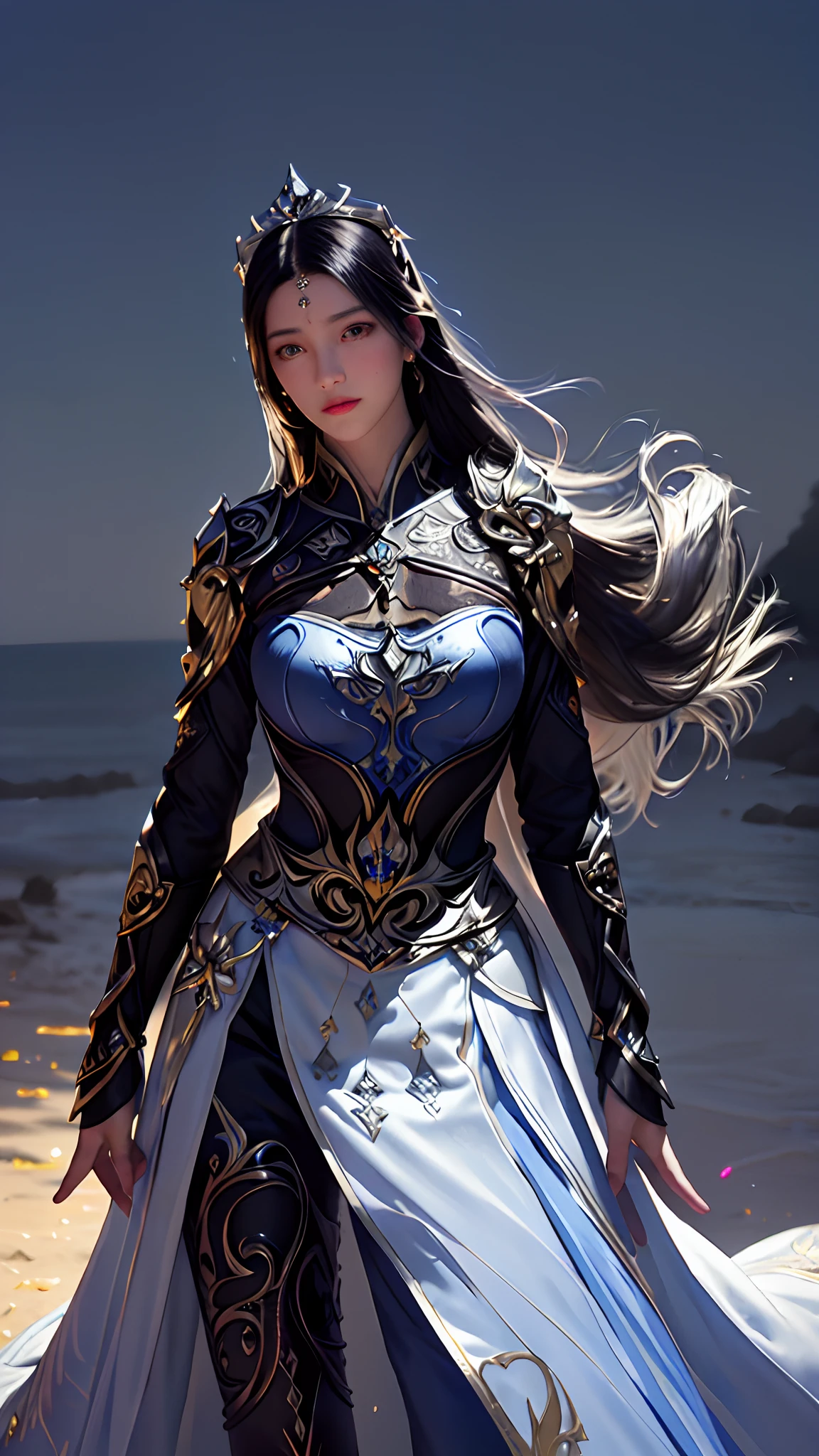 1girl, depth of field, official art, unity 8k wallpaper, ultra detailed, illustration, beautiful and aesthetic, masterpiece, best quality, knight, (big breasts), (milf, mature female), (black armor, armor, breastplate), beautiful face, (long hair, black hair,  very straight hair:1.4, hime cut:1.4), blue eyes, cowboy shot, glowing skin, back lighting, athletic figure, muscular female, curvy, wide hips, colorful, looking at viewer, Hyperrealistic, gradient background, dark background, outline, fantasy, from the front, watercolor, traditional media, (chromatic aberration, intricate details)