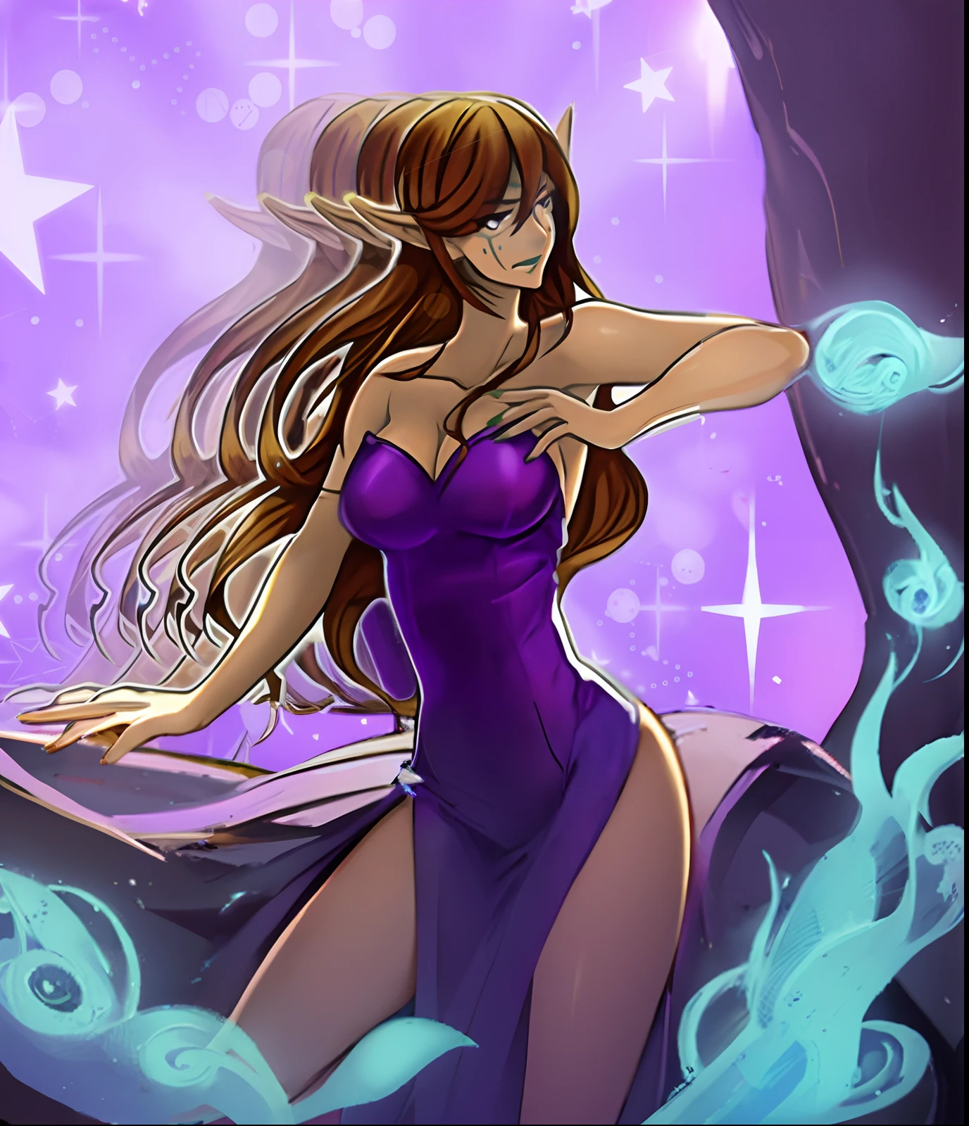 Anime girl in purple dress with stars and purple background, Sonriendo como una reina de las hadas, [[fantasy]], elven princess, Hada astral, Magical long hair, Fanart, beautiful avatar pictures, Aura de magia a su alrededor, Fuego estelar, (((Enojado))) Princesa Elfa, [[[[sonriendo malvado]]]], Princesa de Amatista