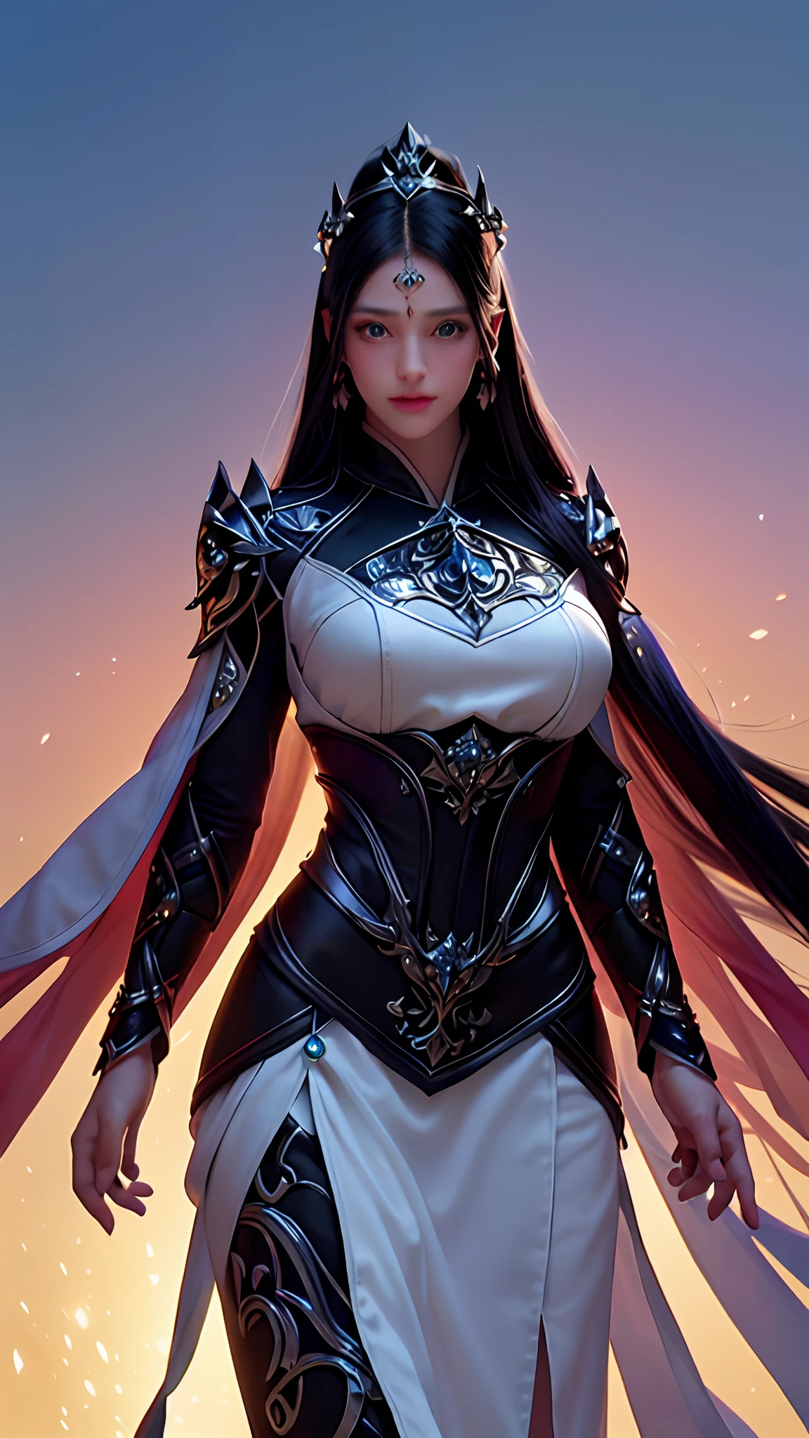 1girl, depth of field, official art, unity 8k wallpaper, ultra detailed, illustration, beautiful and aesthetic, masterpiece, best quality, knight, (big breasts), (milf, mature female), (black armor, armor, breastplate), beautiful face, (long hair, black hair,  very straight hair:1.4, hime cut:1.4), blue eyes, cowboy shot, glowing skin, back lighting, athletic figure, muscular female, curvy, wide hips, colorful, looking at viewer, Hyperrealistic, gradient background, dark background, outline, fantasy, from the front, watercolor, traditional media, (chromatic aberration, intricate details)