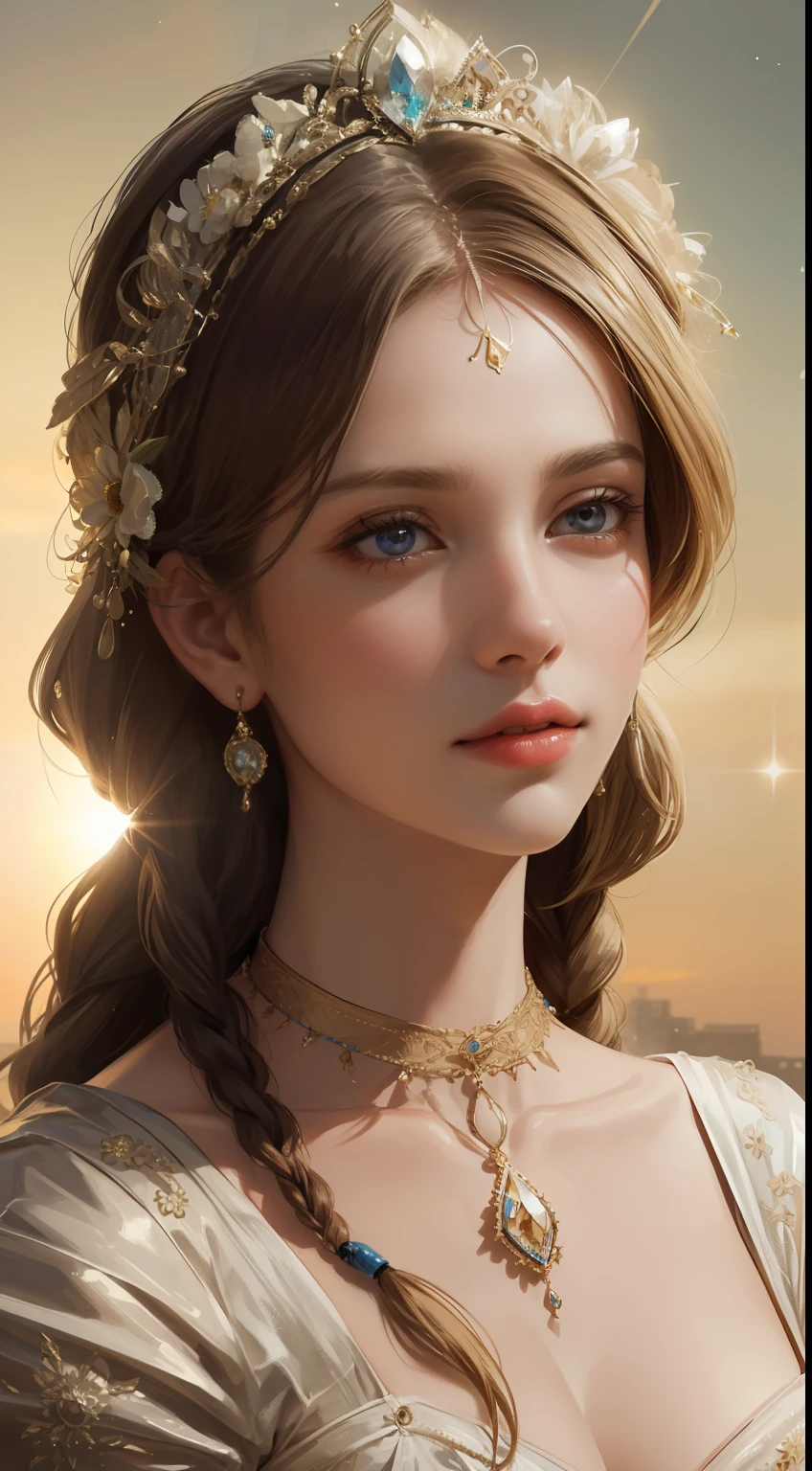 (Ultra-high quality masterpiece，Beautiful bust of an 18-year-old noble girl，Classical braids，The eyes are shiny and clear，Floral craftsmanship，Crystal jewelry，Ultra-fine details，Soft lighting)