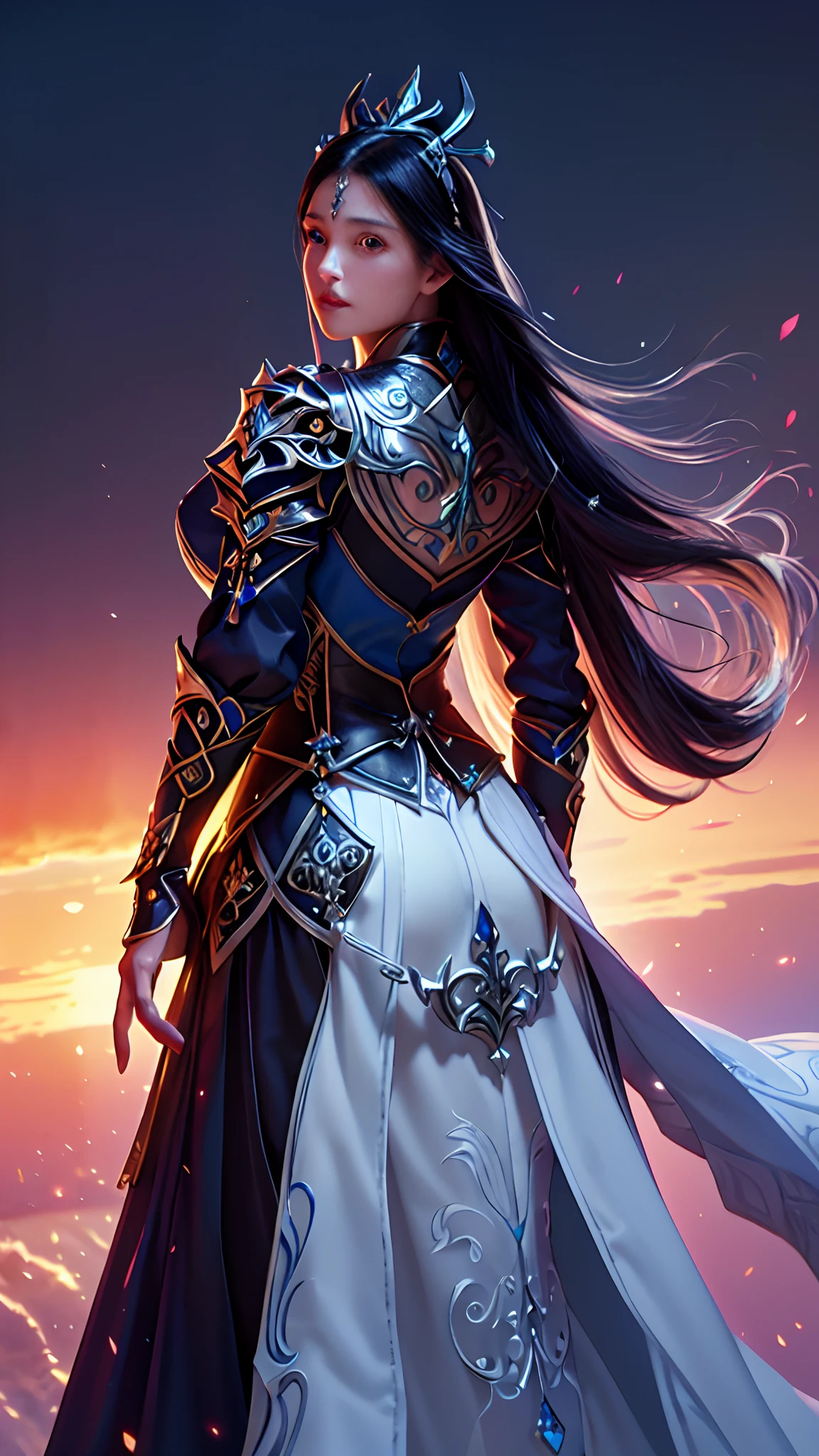 upper body, 1girl, depth of field, official art, unity 8k wallpaper, ultra detailed, illustration, beautiful and aesthetic, masterpiece, best quality, knight, (big breasts), (milf, mature female), (black armor, armor, breastplate), beautiful face, (long hair, black hair,  very straight hair:1.4, hime cut:1.4), blue eyes, cowboy shot, glowing skin, back lighting, athletic figure, muscular female, curvy, wide hips, colorful, looking at viewer, Hyperrealistic, gradient background, dark background, outline, fantasy, from the front, watercolor, traditional media, (chromatic aberration, intricate details)