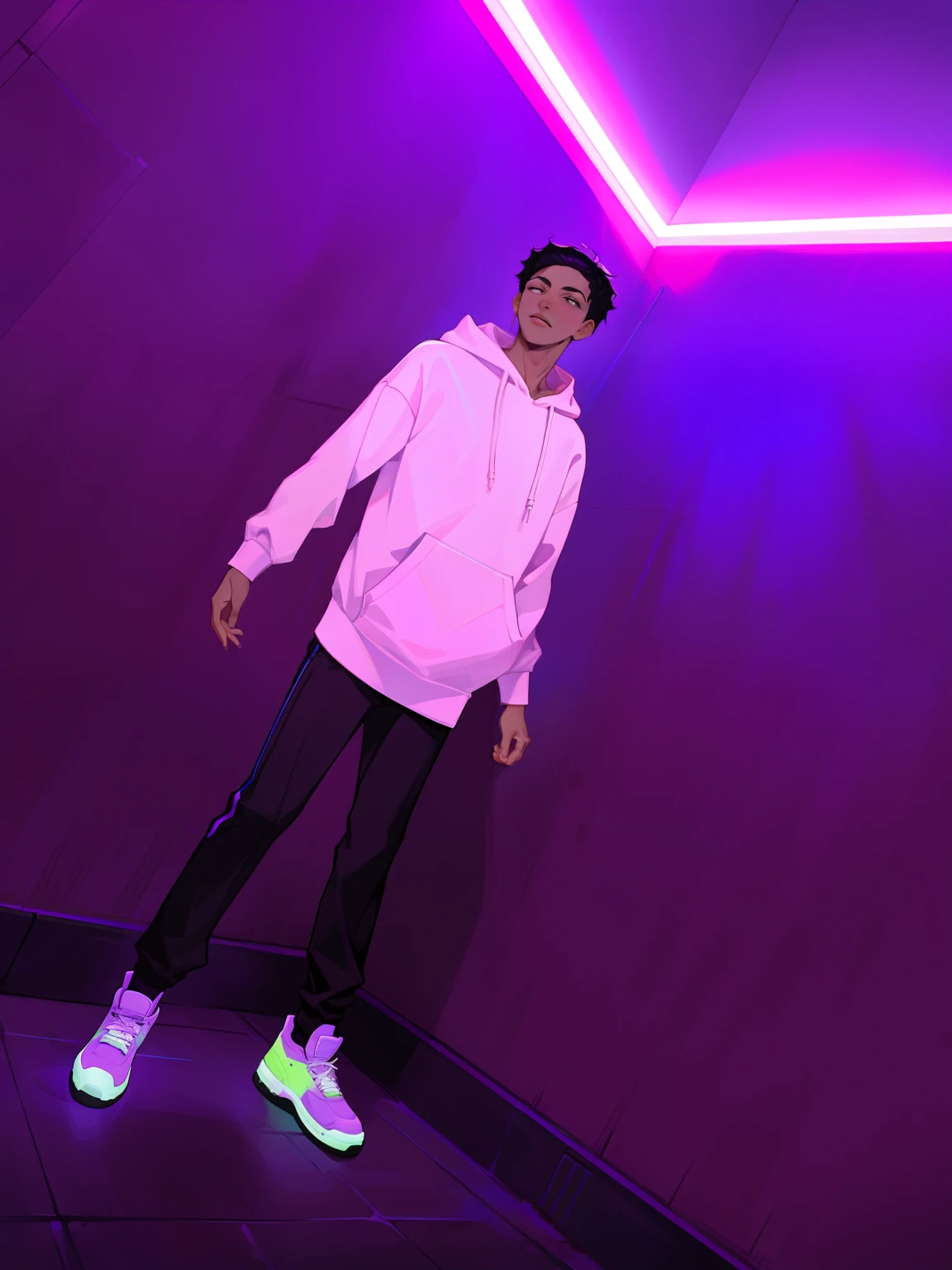 arafed man standing in front of a purple wall with a purple light, riyahd cassiem, young man in a purple hoodie, full body picture, standing in a dimly lit room, taken in the early 2020s, bladee from drain gang, neon lit, neon lights in the background, background is heavenly, purple ambient light
