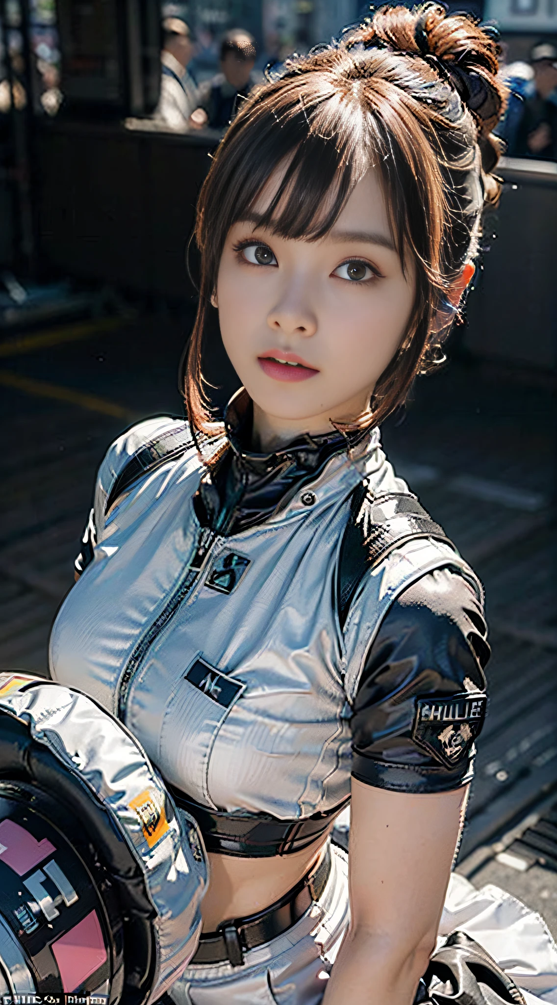 Top Quality, Ultra High Definition, (backlight), (Photorealistic: 1.4), (close up:1.5), 1 Beautiful Girl, (Kpop Idol), Detailed Face, (Pink updo Hair: 1.3),  Contrapposto, Smooth Skin, Perfect Anatomy, Professional Lighting, ((wearing Futuristic Police Racing Suits, mini body-conscious skirt or low hot pants, police wappen, High-tech Headset, military harness, grenades, racing gloves)), ("POLICE", Cloths based on silver pink black white), (background, (Audience Coming close), crashed cars, fire, (Explosion)),