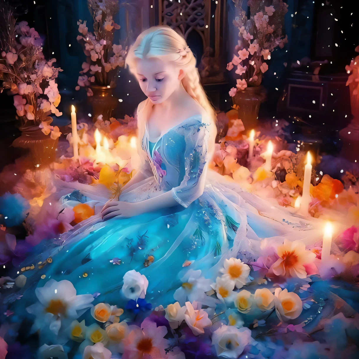 uma mulher em um vestido azul sentada em uma sala cheia de flores, very magical and dreamy, Elsa bonita, com flores congeladas ao seu redor, ethereal fairy tale, princesa bonita, arte de conto de fadas, Disney foto realista, fantasy fairytale story, Conto de fadas da Bela Adormecida, beautiful render of a fairytale, senhora com vestido de flores brilhantes, Elsa, Margot Robbie como uma fada, bela arte digital