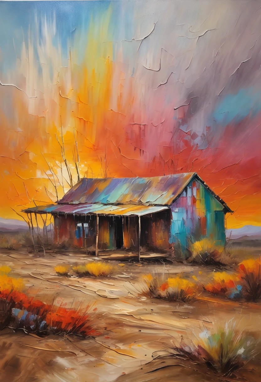 stunningly realistic oil painting of a cabin made in wood in the middle of a desert, the rain just finished. there are some puddles on the ground. the sky is full of vibrant colours, colourful, unzoomed, long detailed plants, ((intricated stroke of oil painting brush)), blurred mountains in the far background HDR, strokes relief, by genius artist, (masterpiece)