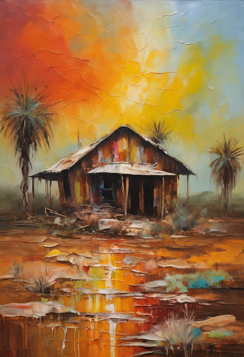 stunningly realistic oil painting of a cabin made in wood in the middle of a desert, the rain just finished. there are some puddles on the ground. the sky is full of vibrant colours, colourful, unzoomed, long detailed plants, ((intricated stroke of oil painting brush)), blurred mountains in the far background HDR, strokes relief, by genius artist, (masterpiece)