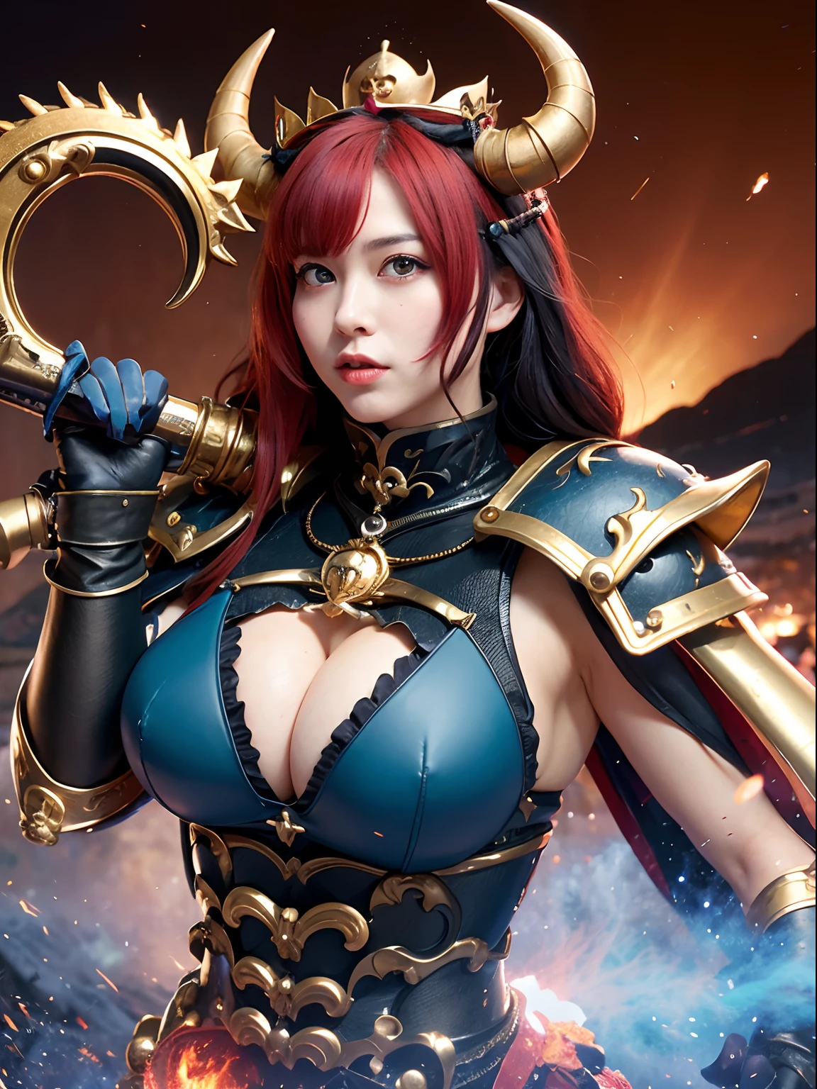 (masutepiece), Professional , masterpiece、top-quality、photos realistic , depth of fields 、(Dragon Black Metal Body:1.9),(Enamel blue-black、(cleavage of the breast)、Dragon Gold Weapon(Dragon Metal Body:1.4),Gorgeous gold weapons ,(( Dragon's dense and gorgeous sword)) , (demonic wings) ,warhammer 40k , adepta sororitas,Detail and gorgeous crown、((Red hair))、(Castle background)、((Gangle's forest background))、Beautiful Caucasian beauty、1a person、dynamic ungle,(((Two demon horns grow on his head)))、Smaller head、crazed smile、Castle background、Thin and beautiful female hands、cleavage of the breast、Soldier in iron armor on background、Mystical expression、Light Effects、intense fighting、Wind-effect、magic circles、With the legendary magic wand、Dragon's tail、