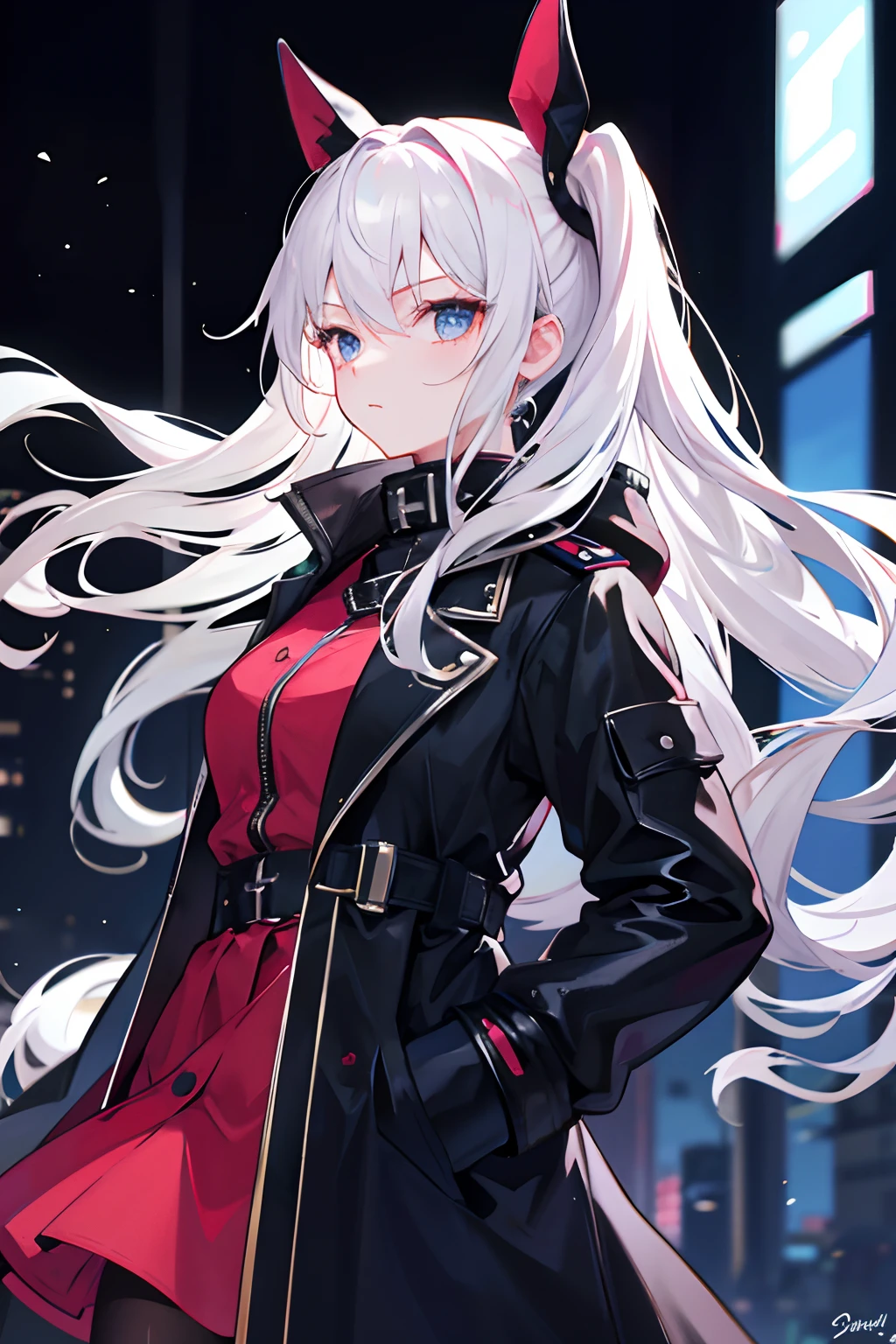 1girl,nightcity,Sateen,coat large,Put your hands in your pockets,Tsundere,White hair