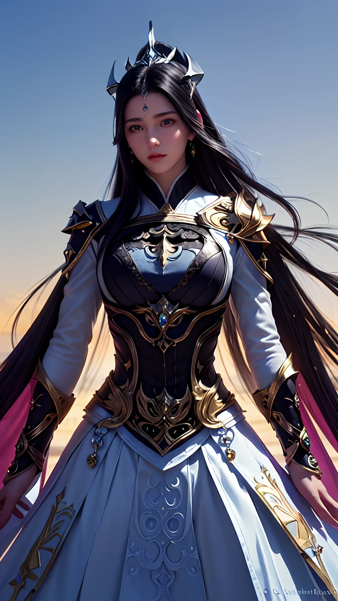 upper body, 1girl, depth of field, official art, unity 8k wallpaper, ultra detailed, illustration, beautiful and aesthetic, masterpiece, best quality, knight, (big breasts), (milf, mature female), (black armor, armor, breastplate), beautiful face, (long hair, black hair,  very straight hair:1.4, hime cut:1.4), blue eyes, cowboy shot, glowing skin, back lighting, athletic figure, muscular female, curvy, wide hips, colorful, looking at viewer, Hyperrealistic, gradient background, dark background, outline, fantasy, from the front, watercolor, traditional media, (chromatic aberration, intricate details)