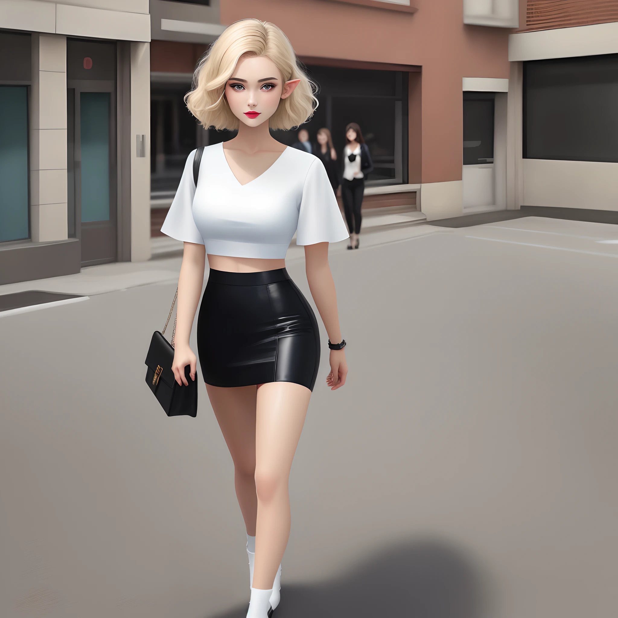 Masterpiece, Amazing, High quality, Close-up illustration of a beautiful young woman，She has short blonde hair，Keep the elf haircut, Wearing a white top and a black skirt, wearing sexy cropped top, walking at street, very sexy outfit, elegant girl in urban outfit, wearing elegant outfits, White top, Deep blue eyes, Cherry red lipstick, Petite size, Brown loafers, Beautify the face, Seductive face, highly detailed character, Seductive young woman, cute young woman, Beautiful young woman, Gorgeous young  woman, Good hands, feminine hands, Female hands, Correct number of fingers, Perfect hands,