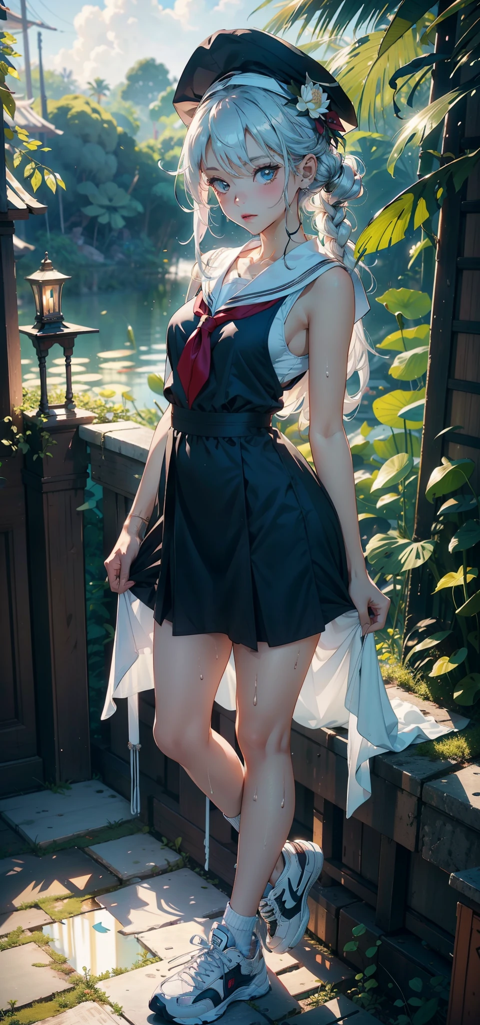 1female,3 years old,bit girl,Small loli,smallunderboob,Pornographic exposure, 独奏,(Background with:bamboo forrest,lotuses,lotus flower,exteriors,Lotus pond) She has short silver-white hair,standing on your feet,Sweat profusely,drenched all over the body,seen from the front, hair straight, mostly cloudy sky,(((tmasterpiece),(Very detailed CG unity 8K wallpaper),best qualtiy,cinmatic lighting,detailed back ground,beatiful detailed eyes,Bright pupils,Black eyes,(Very fine and beautiful),(Beautiful and detailed eye description),ultra - detailed,tmasterpiece,)),facing at camera,A high resolution,ultra - detailed),revealing breasts,Bare genitalia, Bulge,legs are open,Raised sexy,Camel toes,Flushed complexion,Open-mouthed,frontage,high school senior,Sailor's cap(Wear a sexy super short loli dress,Sailor uniform,Slave girl collar,nakeness,Expose the lower body,athletic sneakers)Full body photo,Show shoes