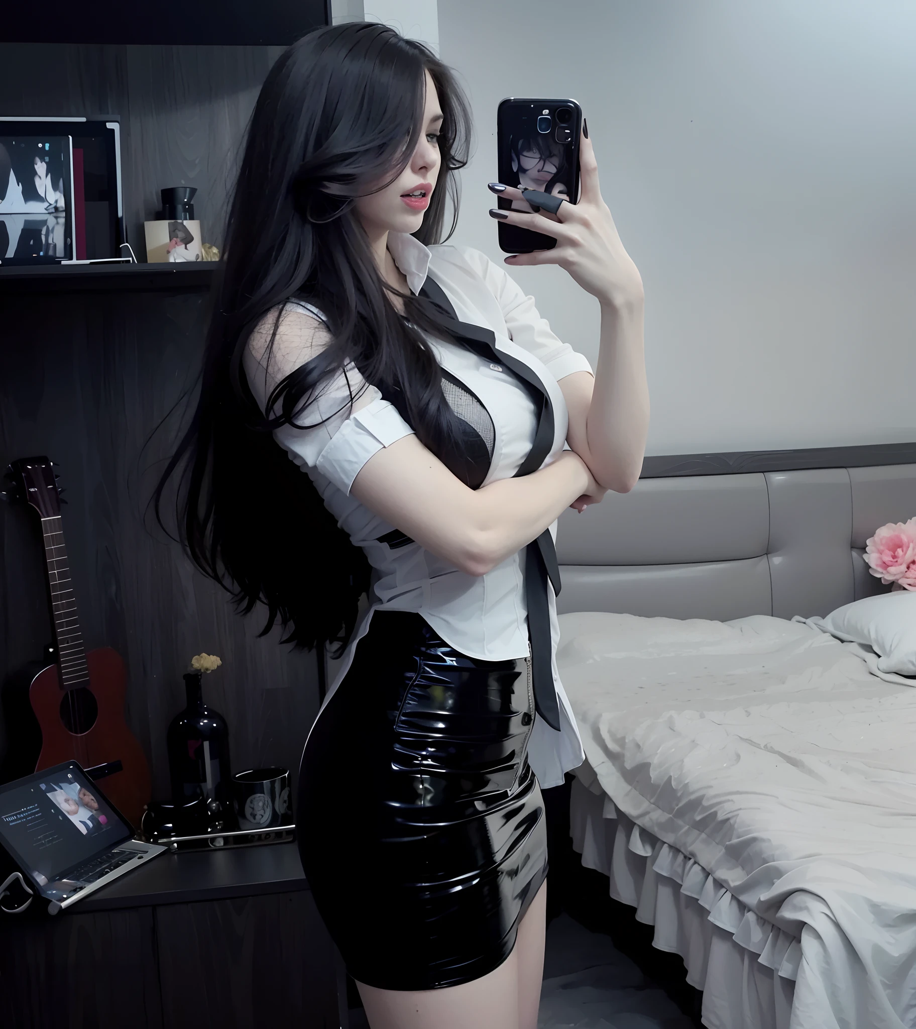 There was a woman taking a picture of herself in her bedroom, Sexy outfit, wearing black latex clothing, very sexy outfit, young beautiful amouranth, tight costume, Sexy look, intriguing outfit, With long black hair, She is facing the camera