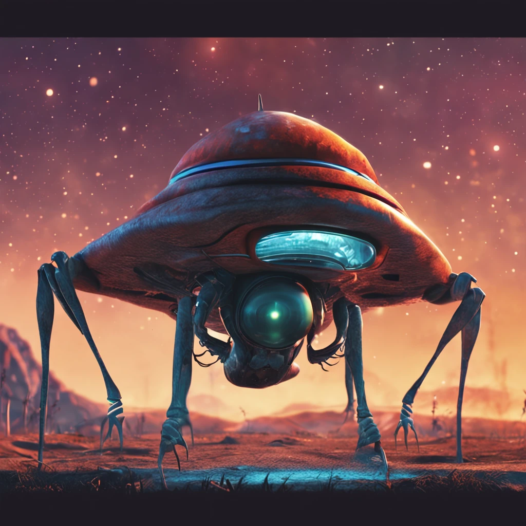 an alien beign, which has a big head, round big eyes and a skinny body, he is grey and the background is a spaceship in the outerspace