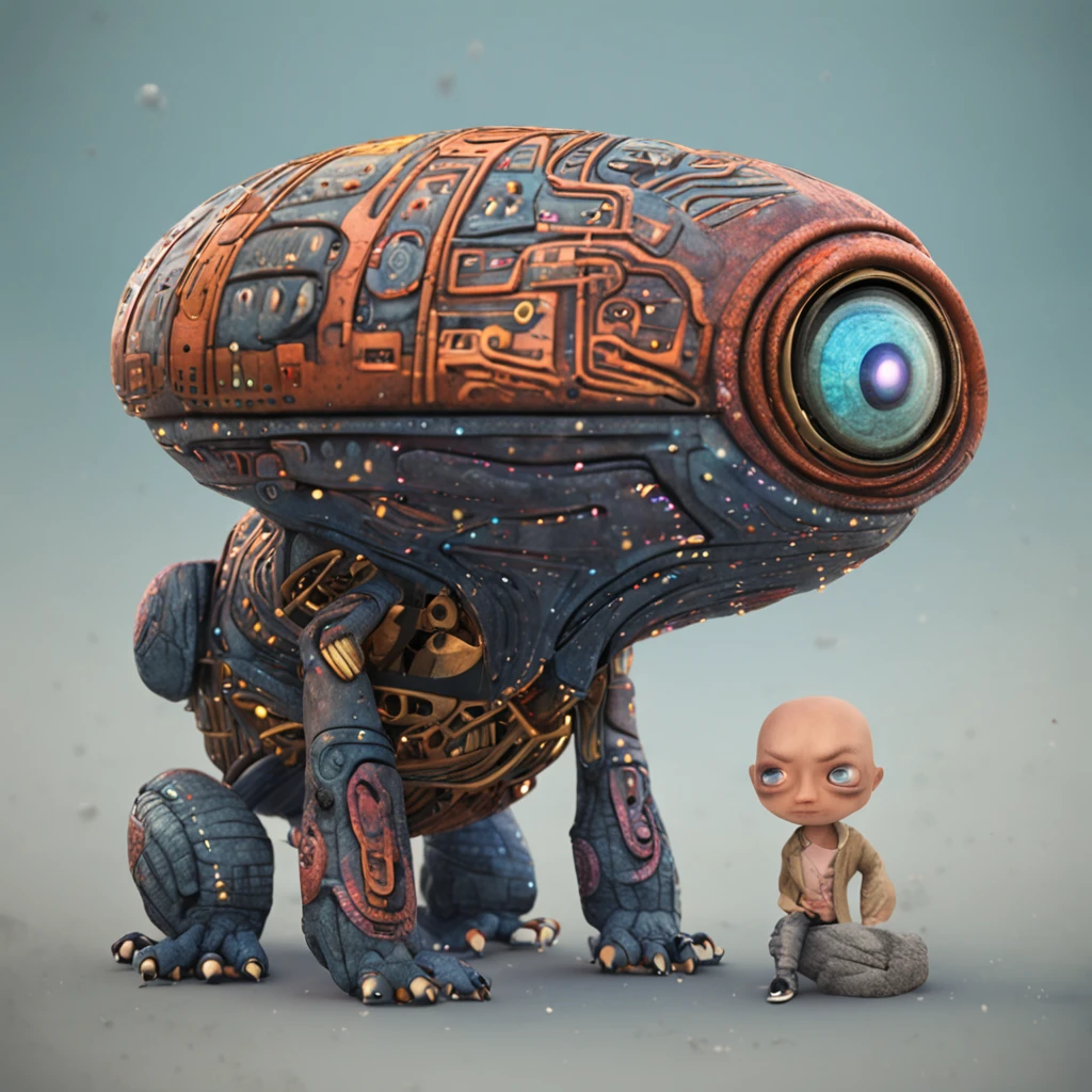 an alien beign, which has a big head, round big eyes and a skinny body, he is grey and the background is a spaceship in the outerspace