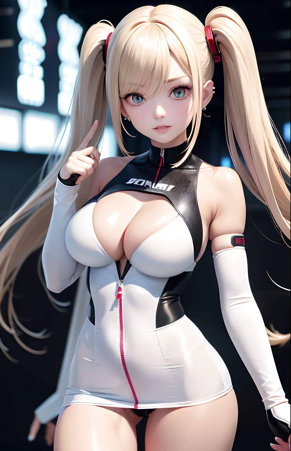 optimum,tmasterpiece,A high resolution,best qualtiy,hyper HD,super detailing,Award-Awarded,16k,独奏,(The upper part of the body),anatomy correct,Beautiful cyberpunk girl,cute face,,Gradient Beige Hair,Hairline,((Scarlet eyes)),long eyelasher,Hanging eye corners,White skin of the,(Bigboobs),(Slim body),((Women's miniskirts)),((racing_suit)),ear studs,(Neck strap),(Laser material clothing:1.2)