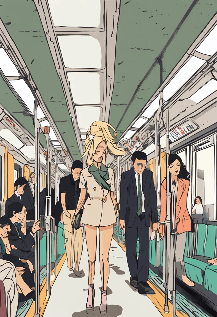 A skinny naked with small breasts,spread legs,pussy juice,crowded train,masturbation,lots of people々