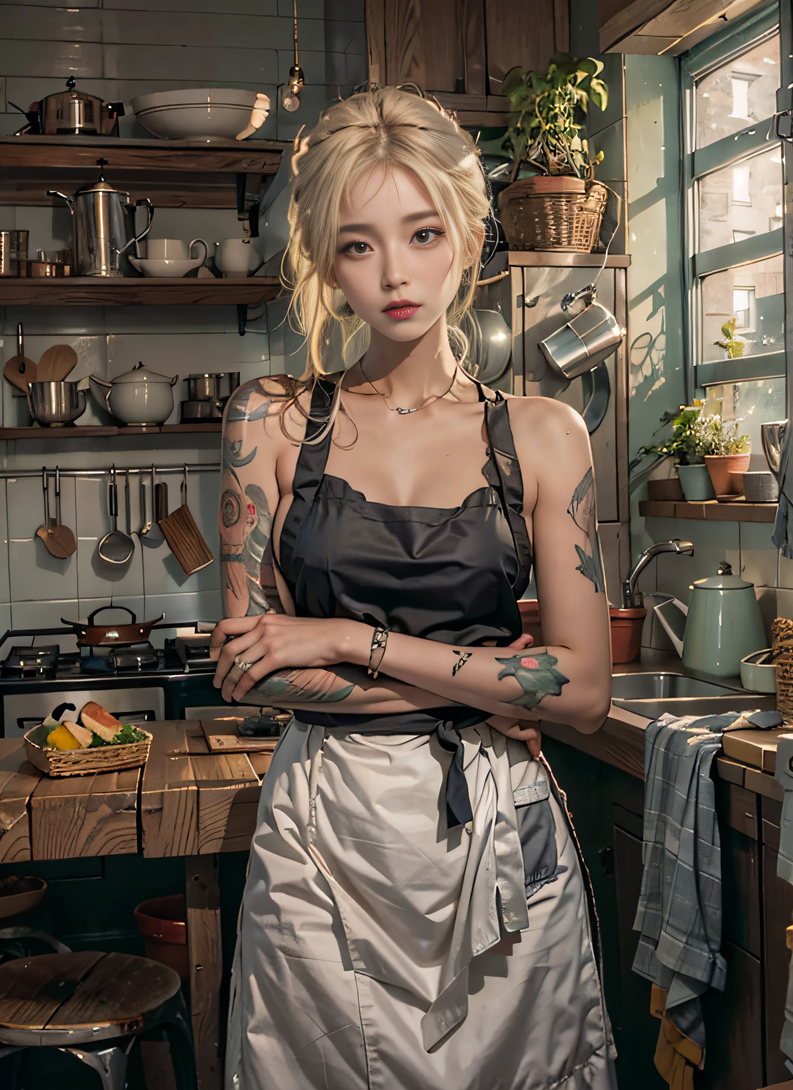 photorealistic, high resolution, soft light,1women, solo, hips up, (detailed face),a woman with various tattoos and hair standing in her kitchen, Her apron is the only dress, blonde hair