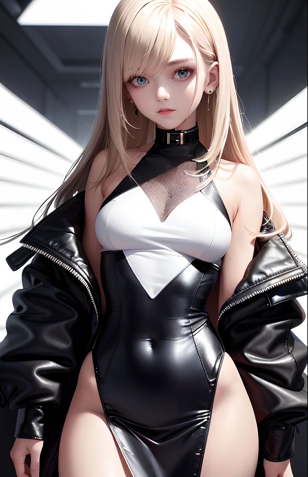 optimum,tmasterpiece,A high resolution,best qualtiy,hyper HD,super detailing,Award-Awarded,16k,独奏,(The upper part of the body),anatomy correct,Beautiful cyberpunk girl,cute face,,Gradient Beige Hair,Hairline,((Scarlet eyes)),long eyelasher,Hanging eye corners,White skin of the,(small boobs),(Slim body),((Women's super short shawl leather jacket)),((racing_suit)),((High-Low_long skirt)),ear studs,(Neck strap),(Laser material clothing:1.2)