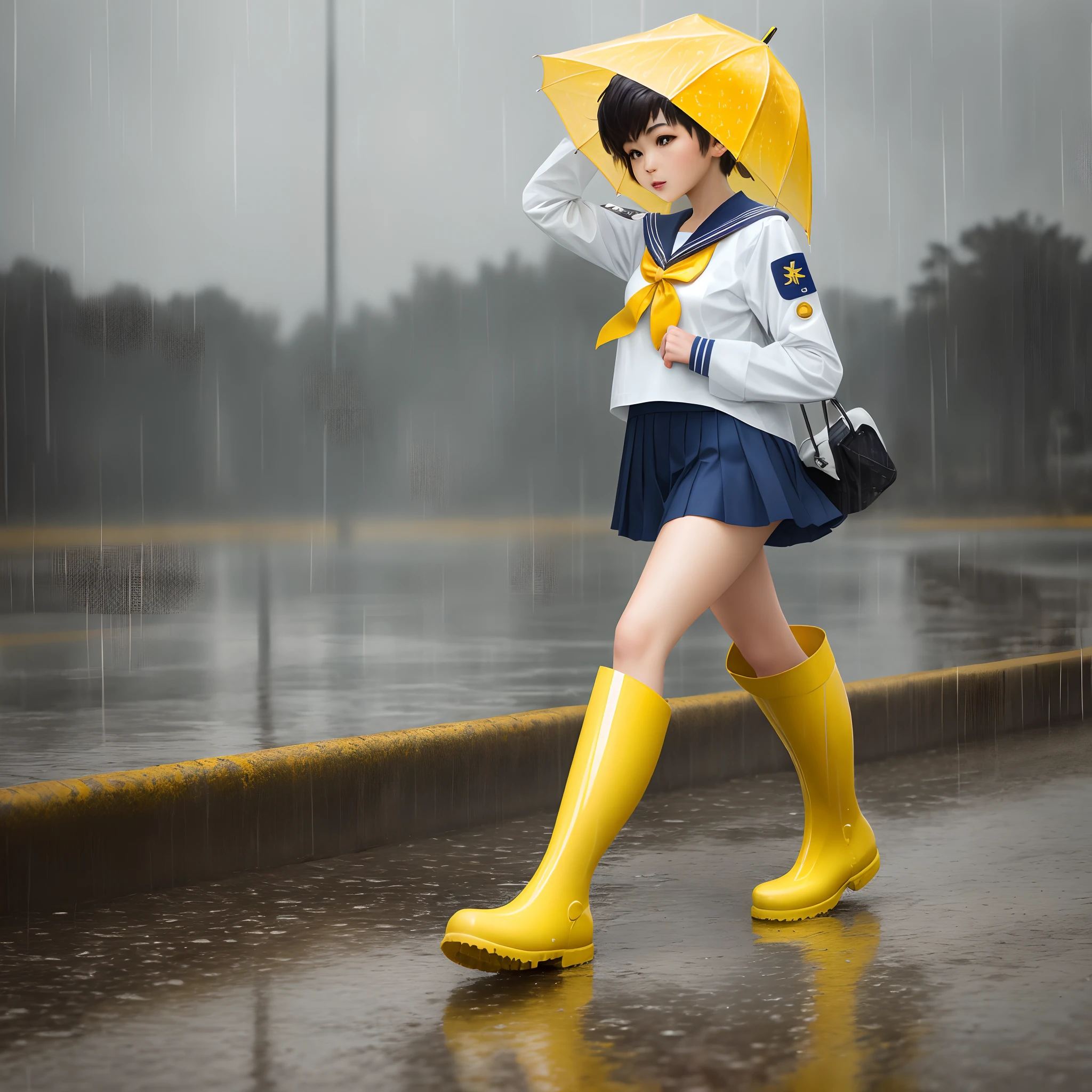 Girl with short hair in yellow rain boots and sailor suit