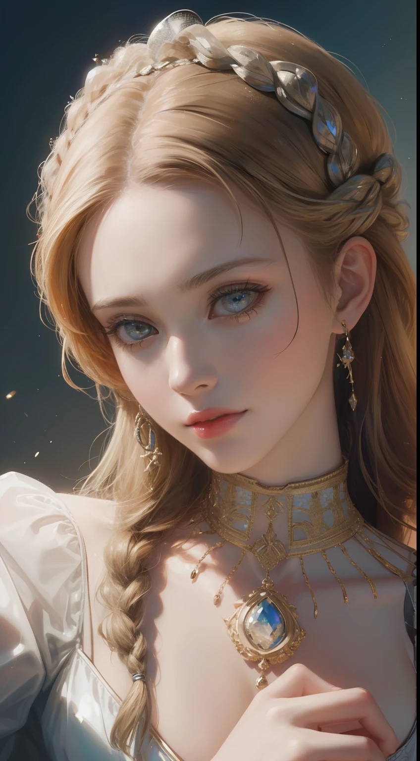 Retrato de uma garota de 18 anos sorrindo,branca olhos azuis boca carnuda com batom vermelho sardas e manchas na pele, hair with braids and blonde bangs, detalhes intricados ( 8k super realista)
