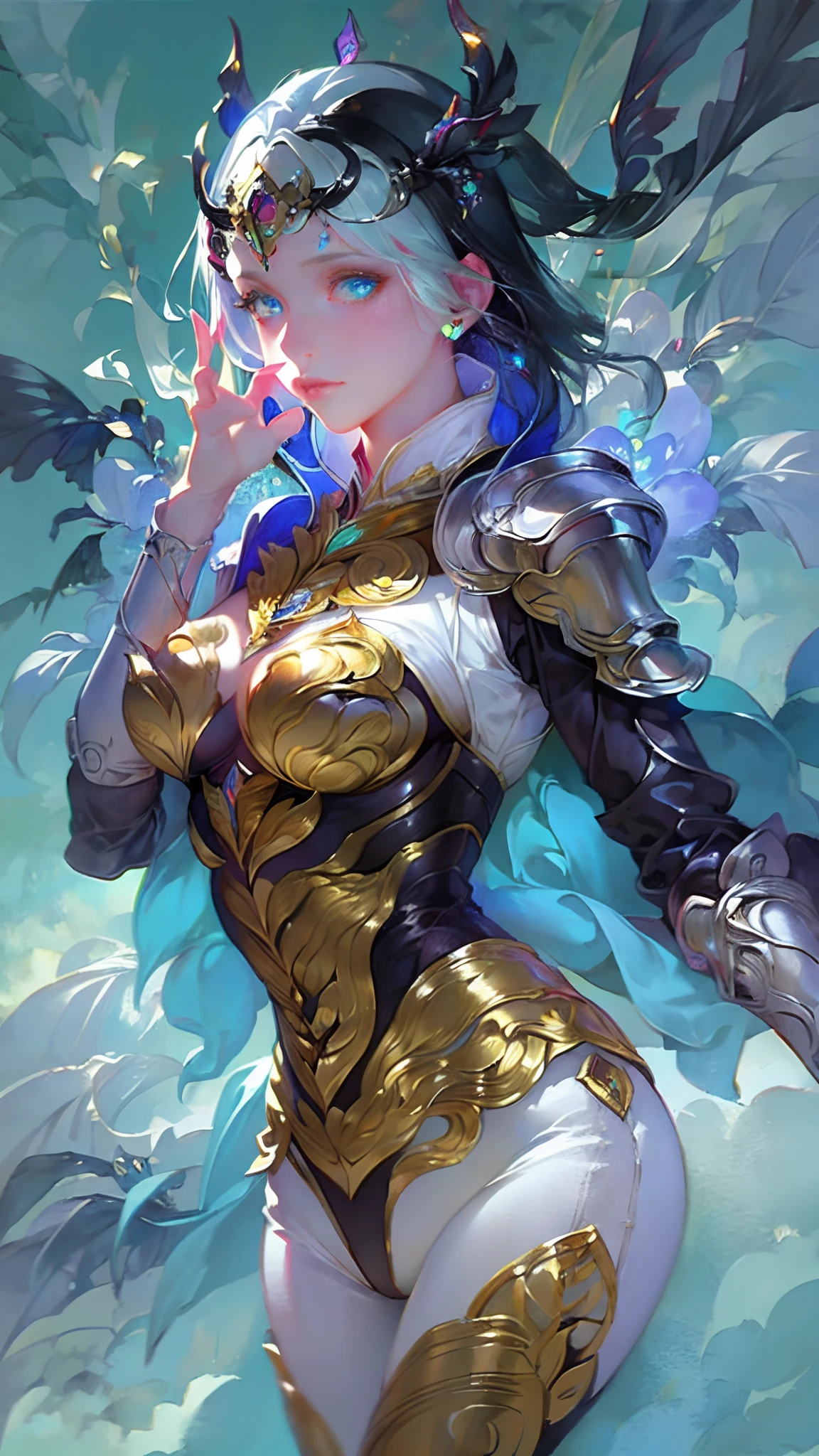1girl, depth of field, official art, unity 8k wallpaper, ultra detailed, illustration, beautiful and aesthetic, masterpiece, best quality, knight, (big breasts), (milf, mature female), (black armor, armor, breastplate), beautiful face, (long hair, black hair, very straight hair:1.4, hime cut:1.4), blue eyes, cowboy shot, glowing skin, back lighting, athletic figure, muscular female, curvy, wide hips, colorful, looking at viewer, Hyperrealistic, gradient background, dark background, outline, fantasy, from the front, watercolor, traditional media, (chromatic aberration, intricate details)