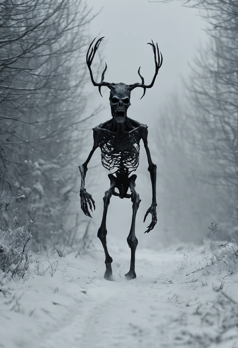 Generate a nightmarish image featuring a terrifying 'Wendigo' in pursuit. The Wendigo, with its grotesque, emaciated form, elongated limbs, and razor-sharp claws, aggressively chases a terrified human at the forefront of the scene. The human, visibly frightened, rushes towards the camera, their expression reflecting sheer terror. The Wendigo's skeletal frame is covered in tattered, blood-stained rags, and its hollow eyes emit an insatiable hunger, while its jagged teeth are visible in a malevolent grin. The desolate, snow-covered forest adds to the eerie ambiance, with skeletal trees and a bone-chilling wind heightening the sense of dread. The image captures the pivotal moment as the Wendigo relentlessly pursues its prey, its determination and primal terror palpable. This chilling scene conveys the embodiment of fear and danger associated with the Wendigo legend.