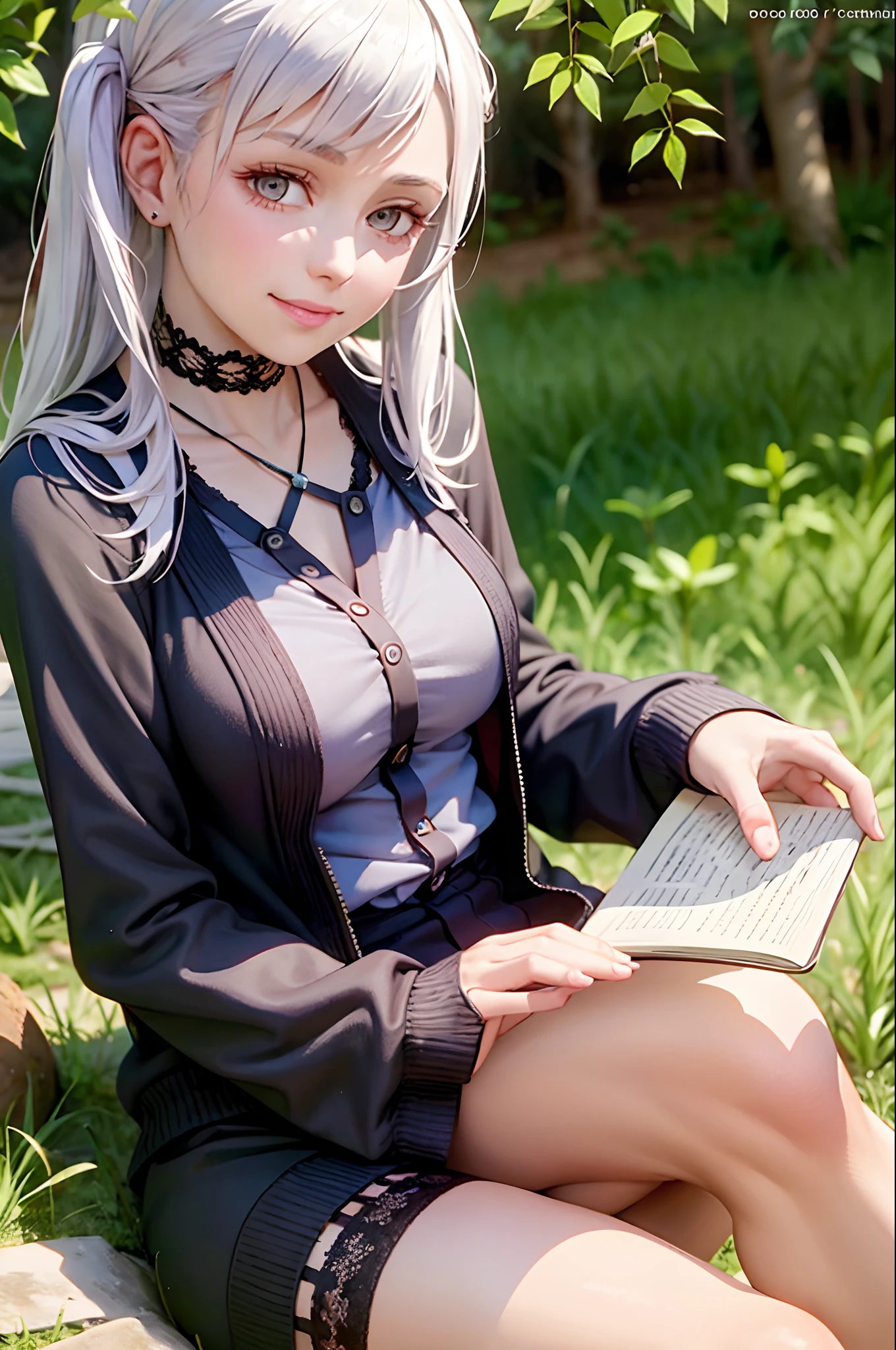 best quality, masterpiece, nice hands, perfect hands,noelle silva, smile,medium breasts, black Cardigan, sitting under a tree, reading a book, detailed skin texture, (blush:0.5), (goosebumps:0.5), subsurface scattering,crossing leg,medium thighs, white hair