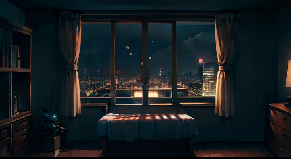 background-image、unmanned。overlooks。inside in room、natta、murky、The windows overlook the downtown area at night.