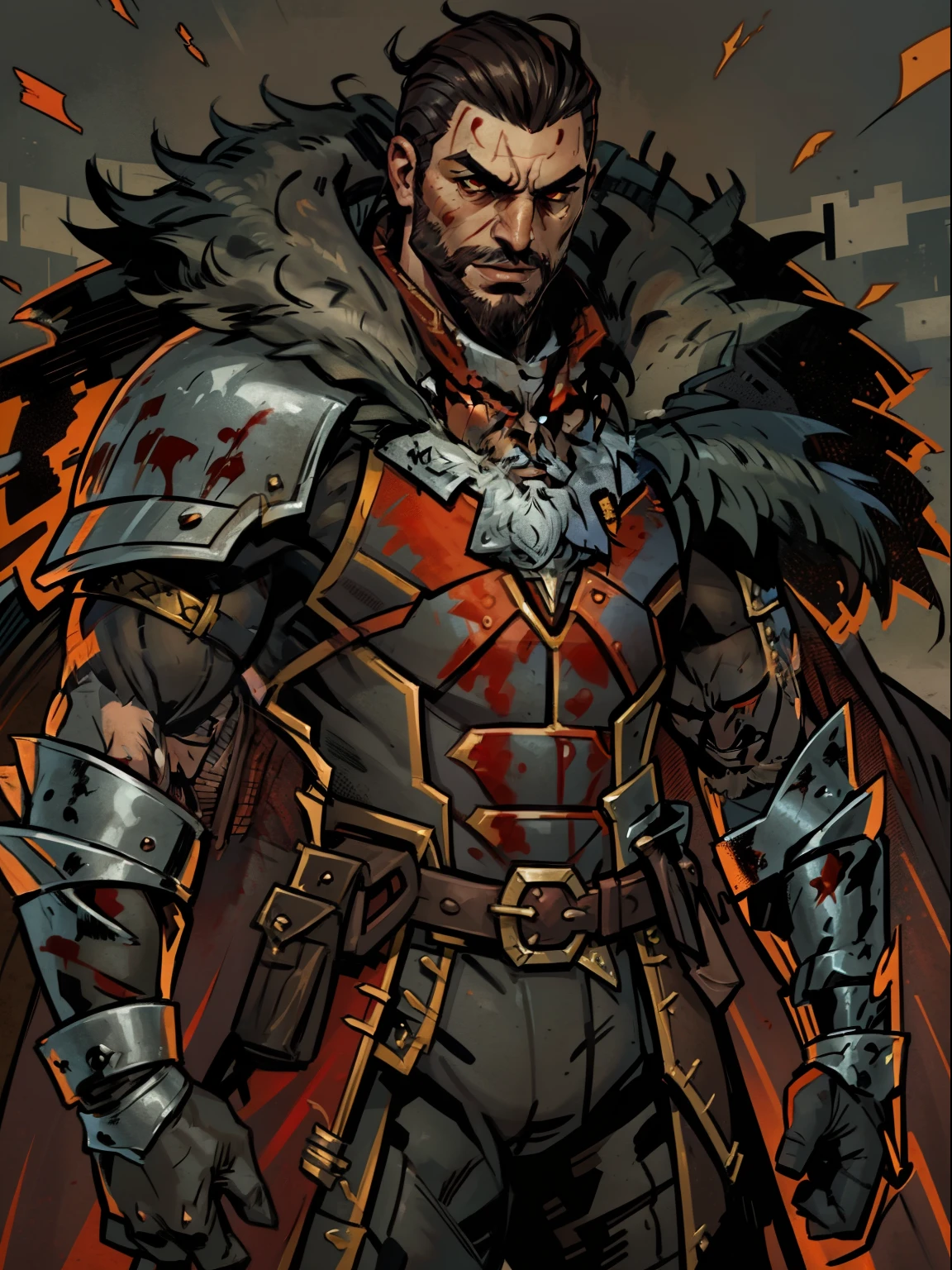 Blood moon background, Darkest Dungeon style, dragon knight, main character. Sadurang from Marvel, hunk, buffed physics, short mane hair, mullet hair, defined face, detailed eyes, short beard, red eyes, dark hair, cruel smile, badass, dangerous. ((full superhero red armor, fur cloak))