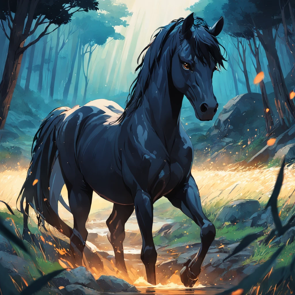 obra prima cavalo negro em um campo de caveiras com velas sob o luar focar no cavalo