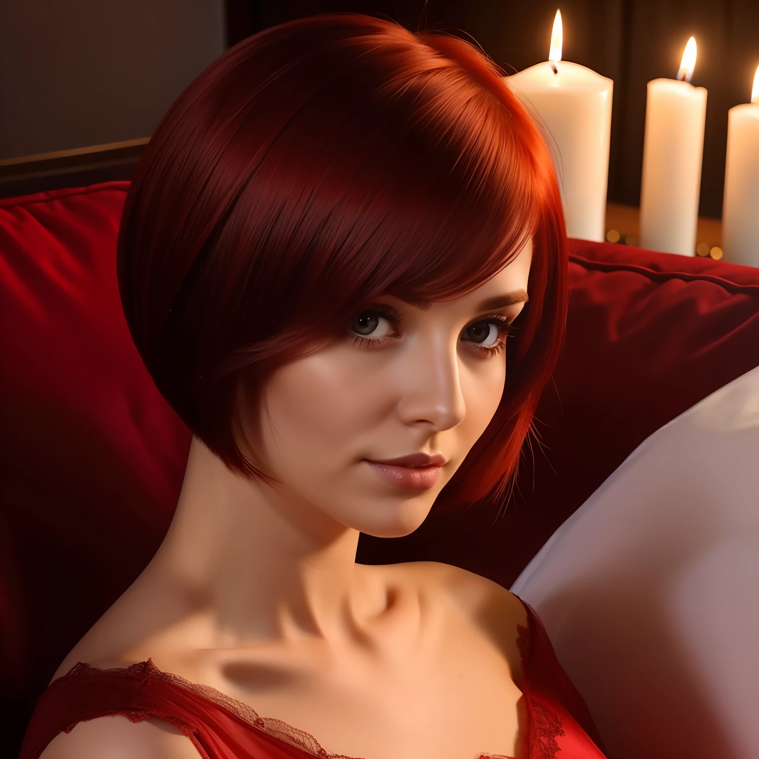 Stunning 30 year old woman with short hair, straight hair, red hair in night gown on sofa. Soft candle lighting. Close up face shot