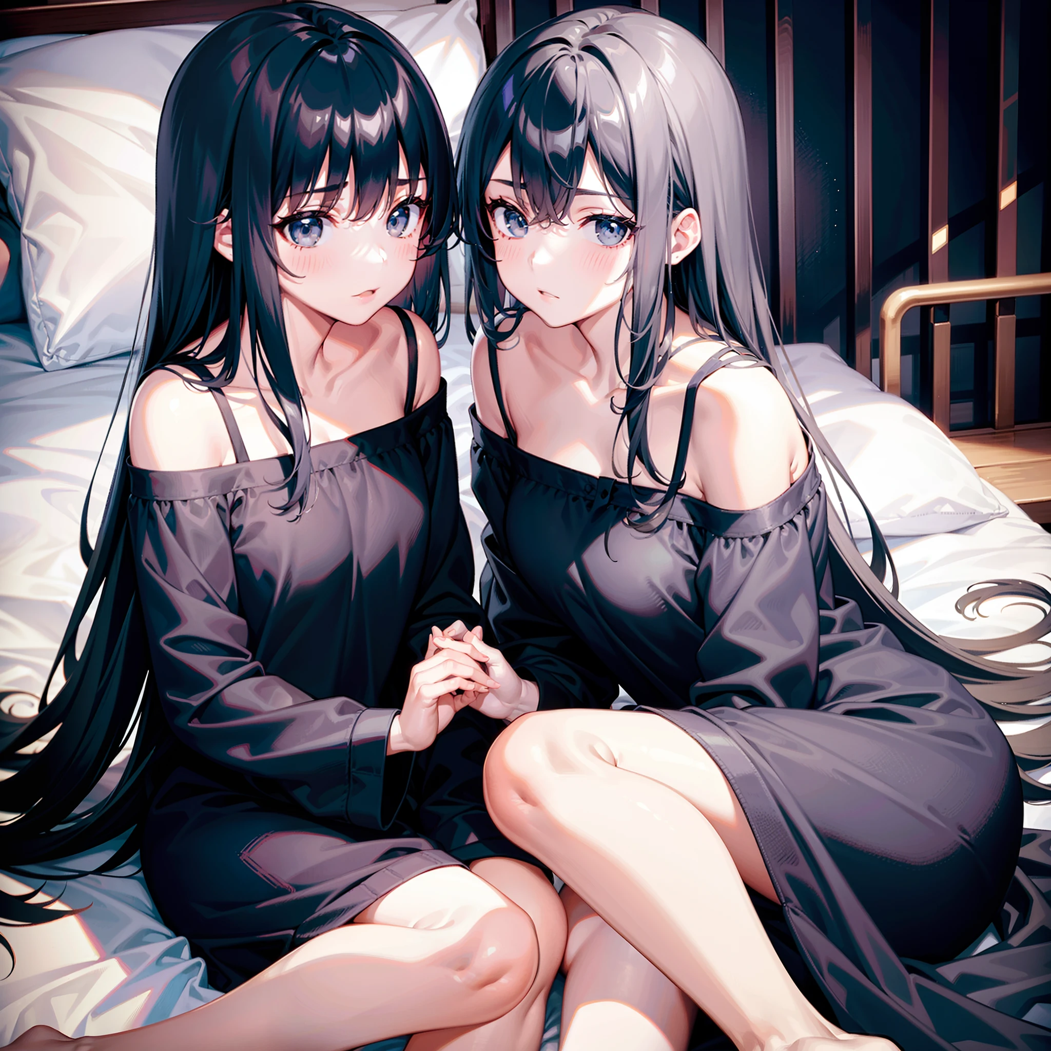 2girls,Black off-the-shoulder pajamas,inside bedroom,Lie down in bed,Young,go to bed