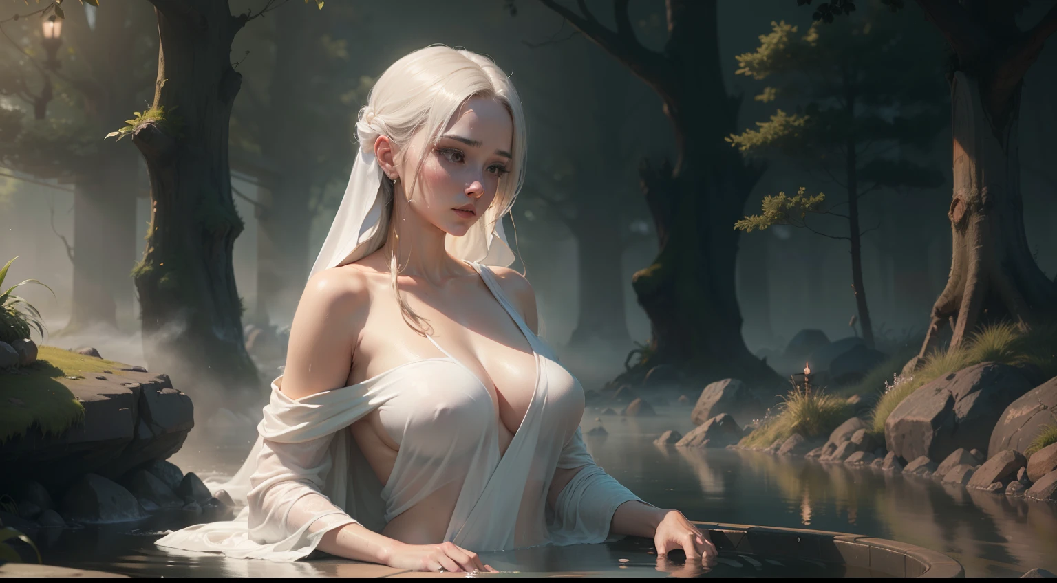 A serene scene of a woman bathing in a white robe, (far away), ((Hyper realistic:1.2)), ((early morning, foggy)), ultra detailed, realistic, 8k, (((sfw:1.4)))